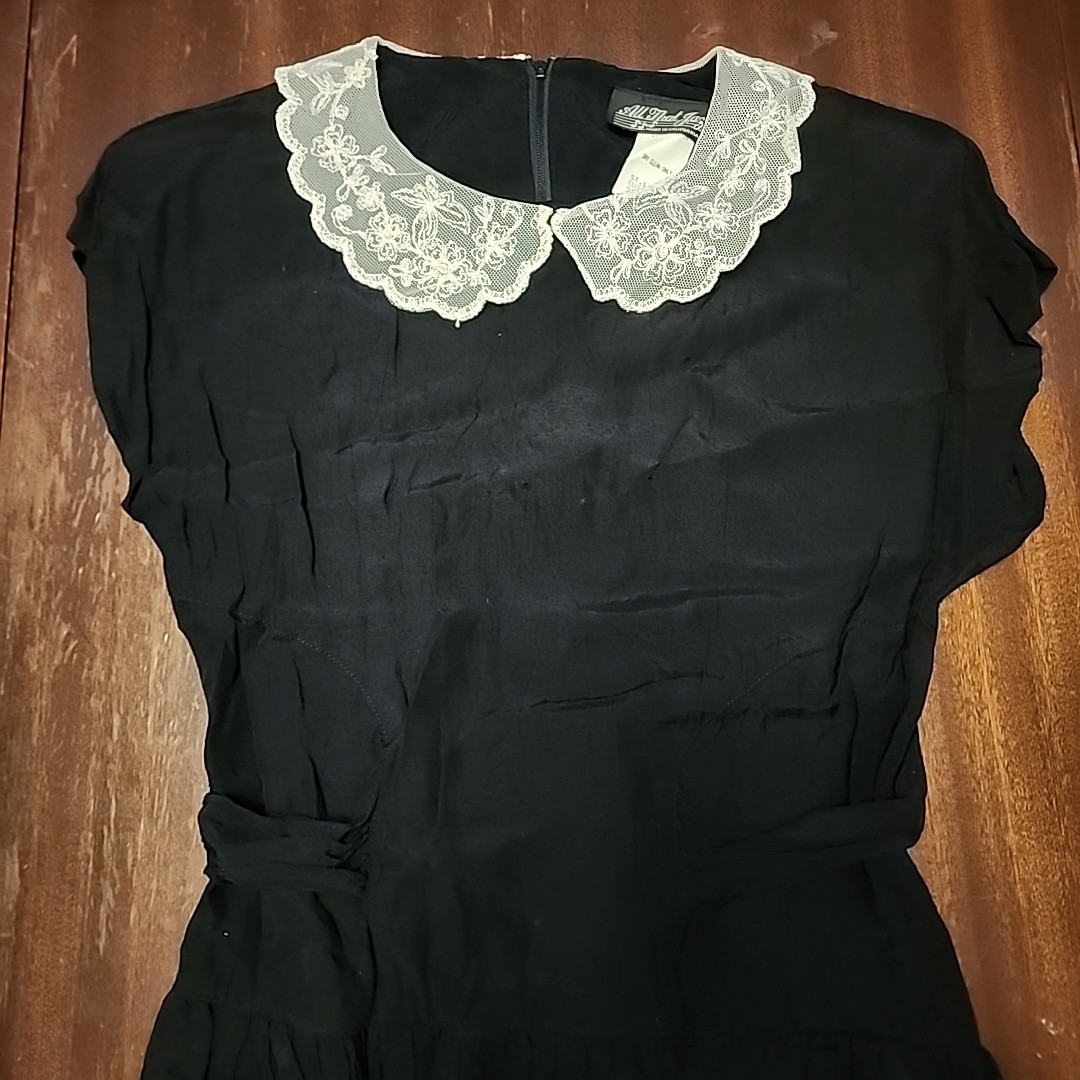 Vintage 90s Wednesday Addams Addams Family Black With White Lace Rayon Dress 5/6