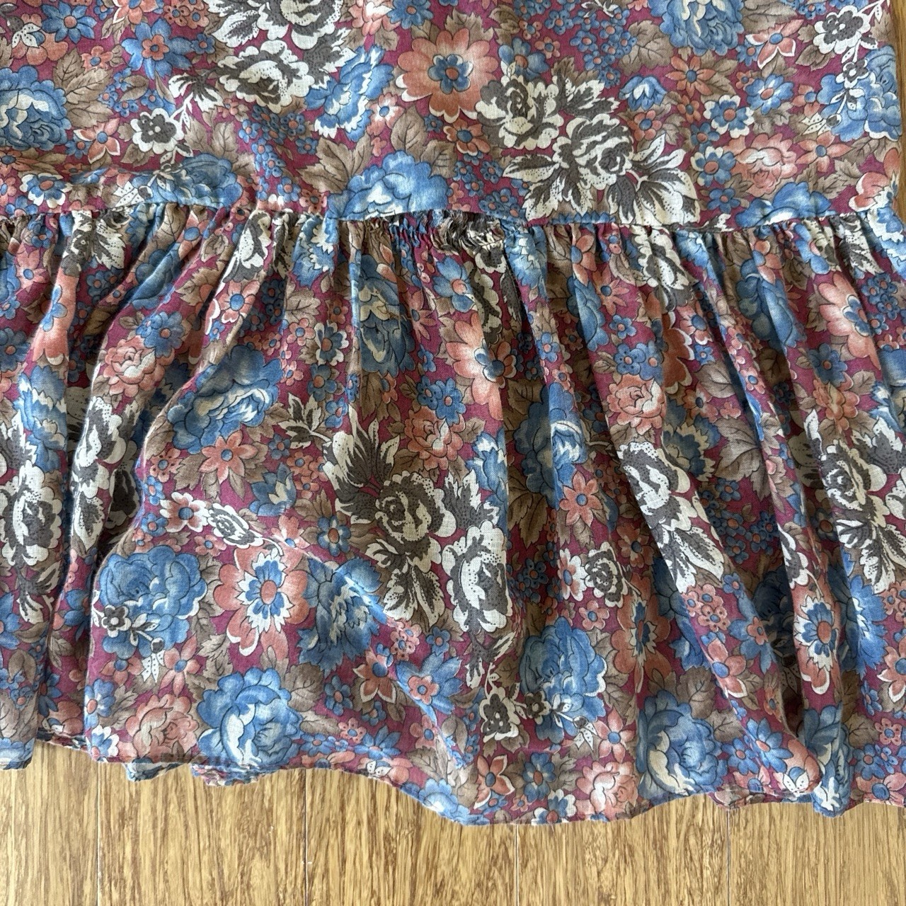 Vintage 1970S Cotton Voile Brown And Blue Floral Maxi Dress With Ruffle Hem