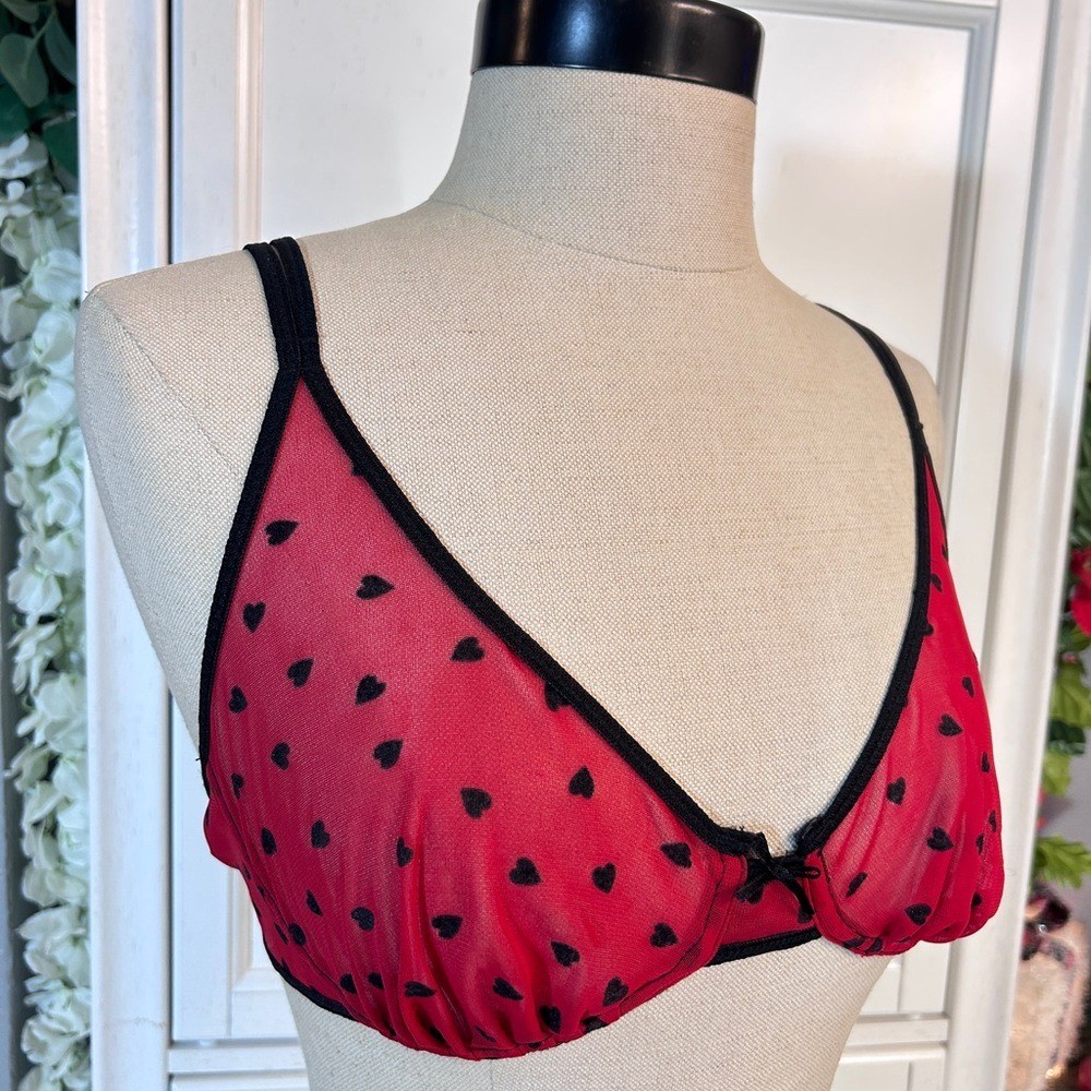 Vintage Red Mesh Heart Print Bra Sheer Black Trim 36B Sexy Date Night