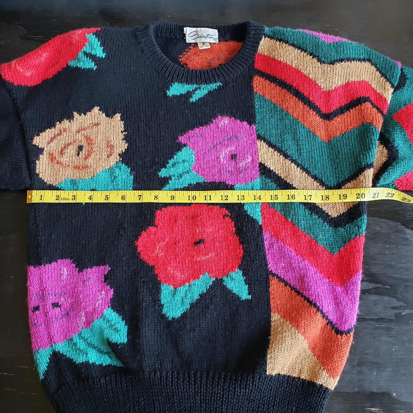 Vintage 80s Sweater M Wool & Mohair Black Bright Roses Stripes Made In England