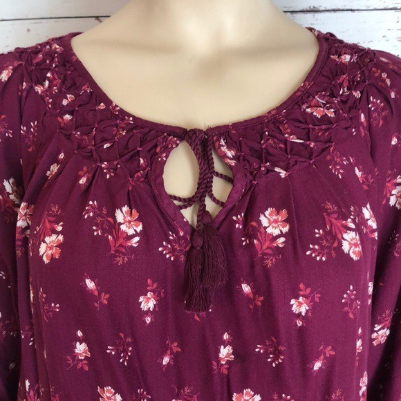 Lucky Brand Burgundy Floral Smocked Tassel Peasant Blouse Medium