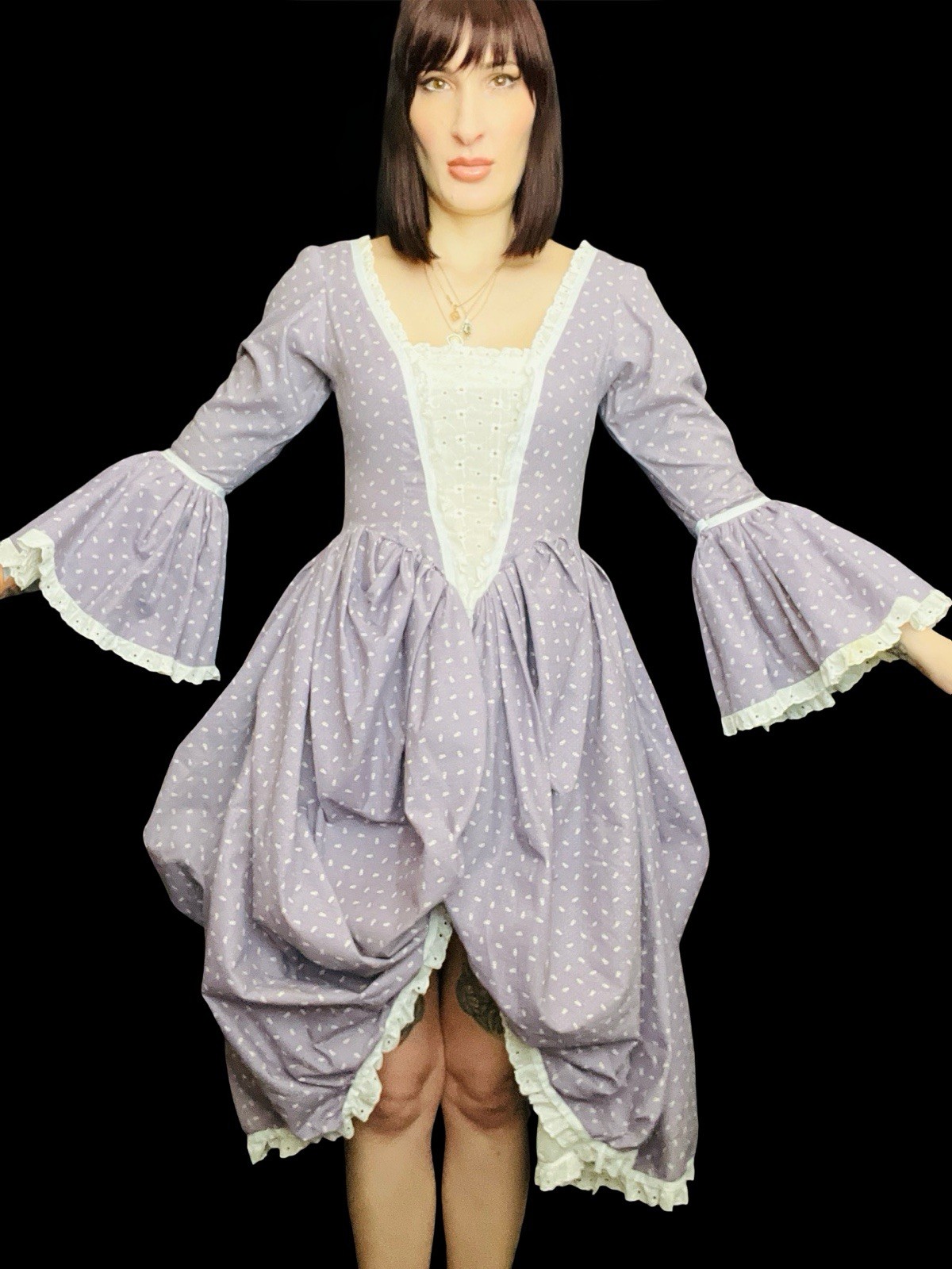 Vintage 1970s Renaissance 18th Century Rococco Floral Cotton Dress Cottagecore