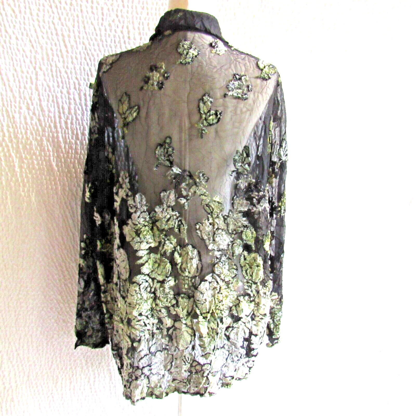 Evening Shirt Cardigan Wrap Green Velvet 3D Metallic Embossed Top XL Vtg Jacket