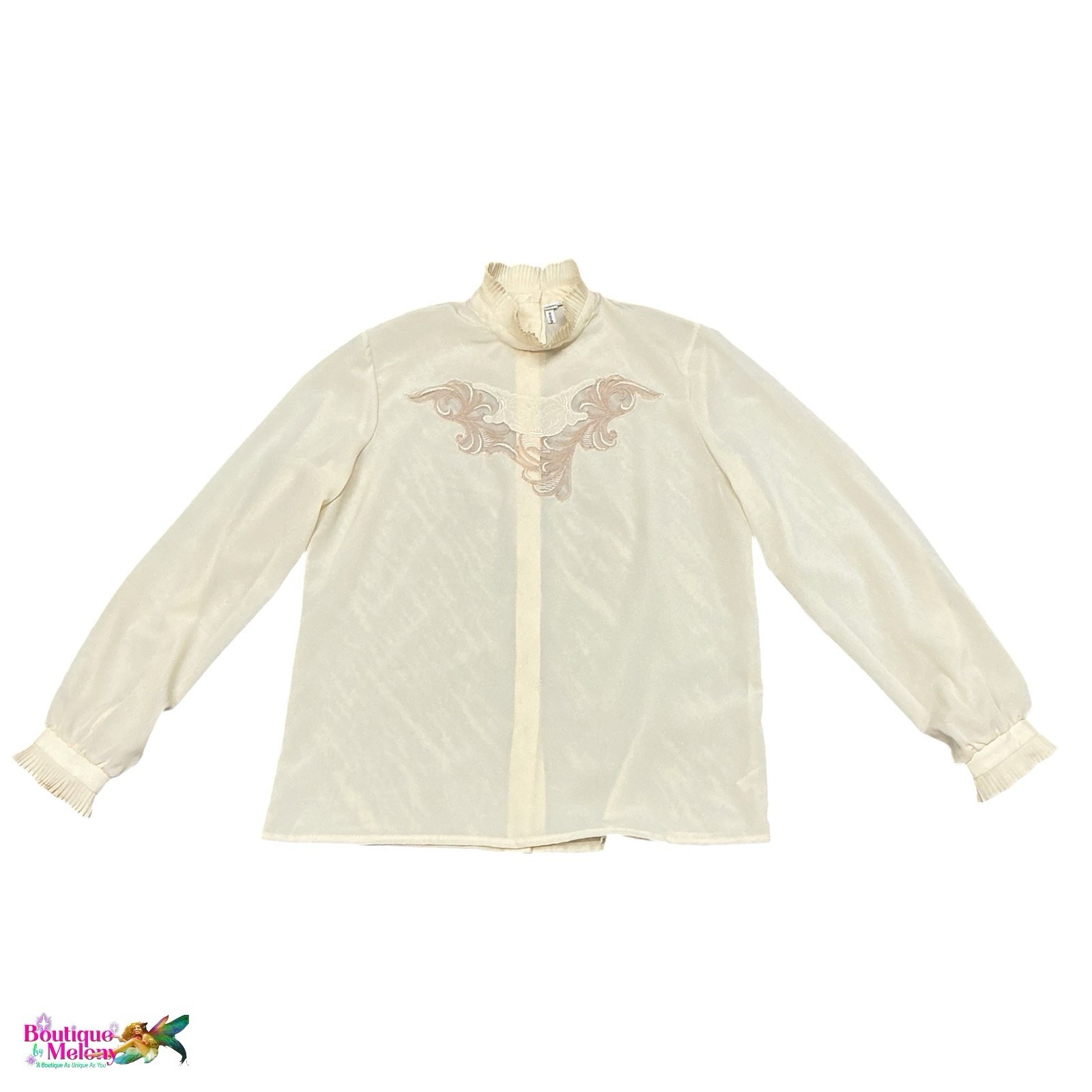 Vintage 80s Victorian Blouse Arida Ivory Lace High Neck Back Button Size 42