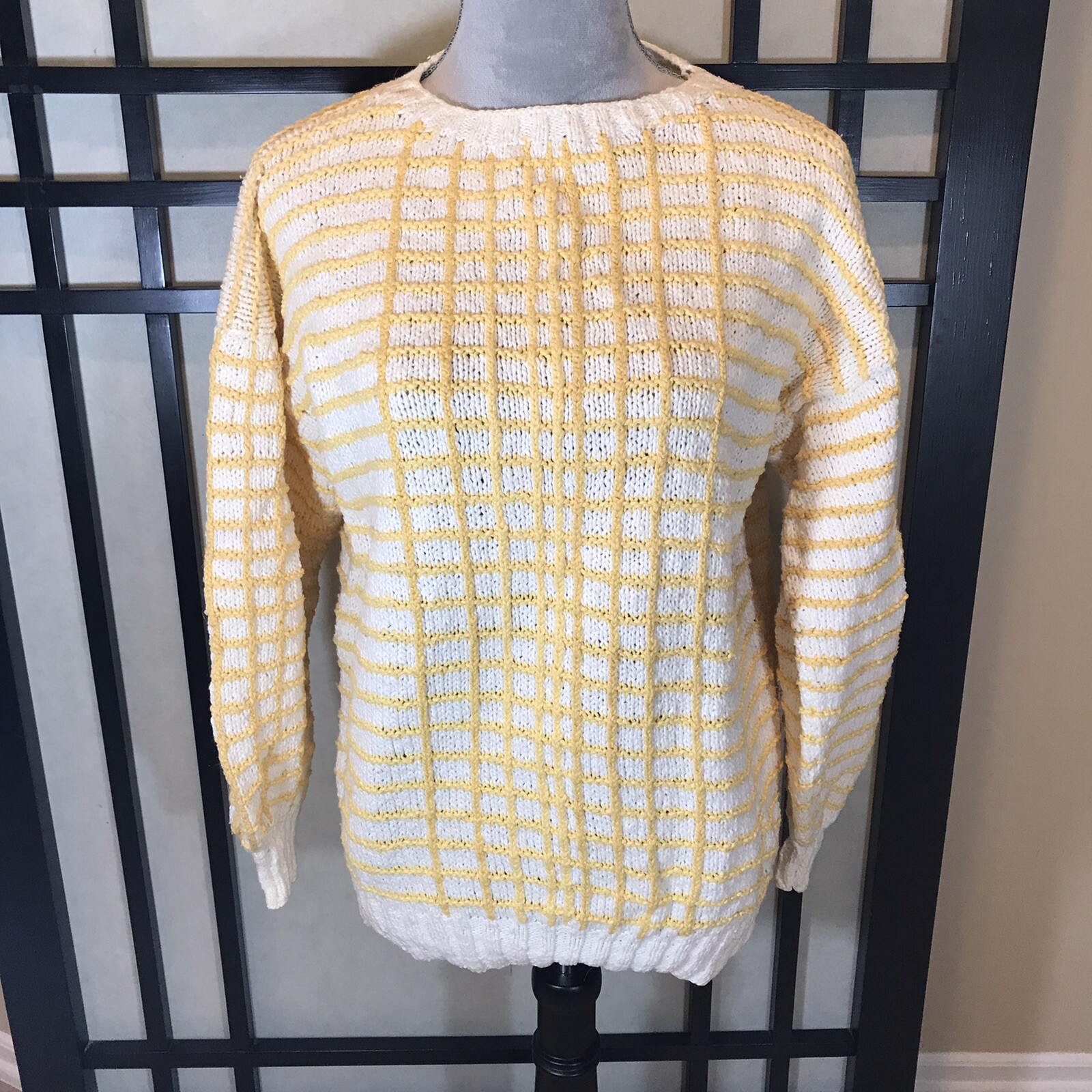 Vintage Winter Sun Sweater Womens Yellow White Cotton Size L