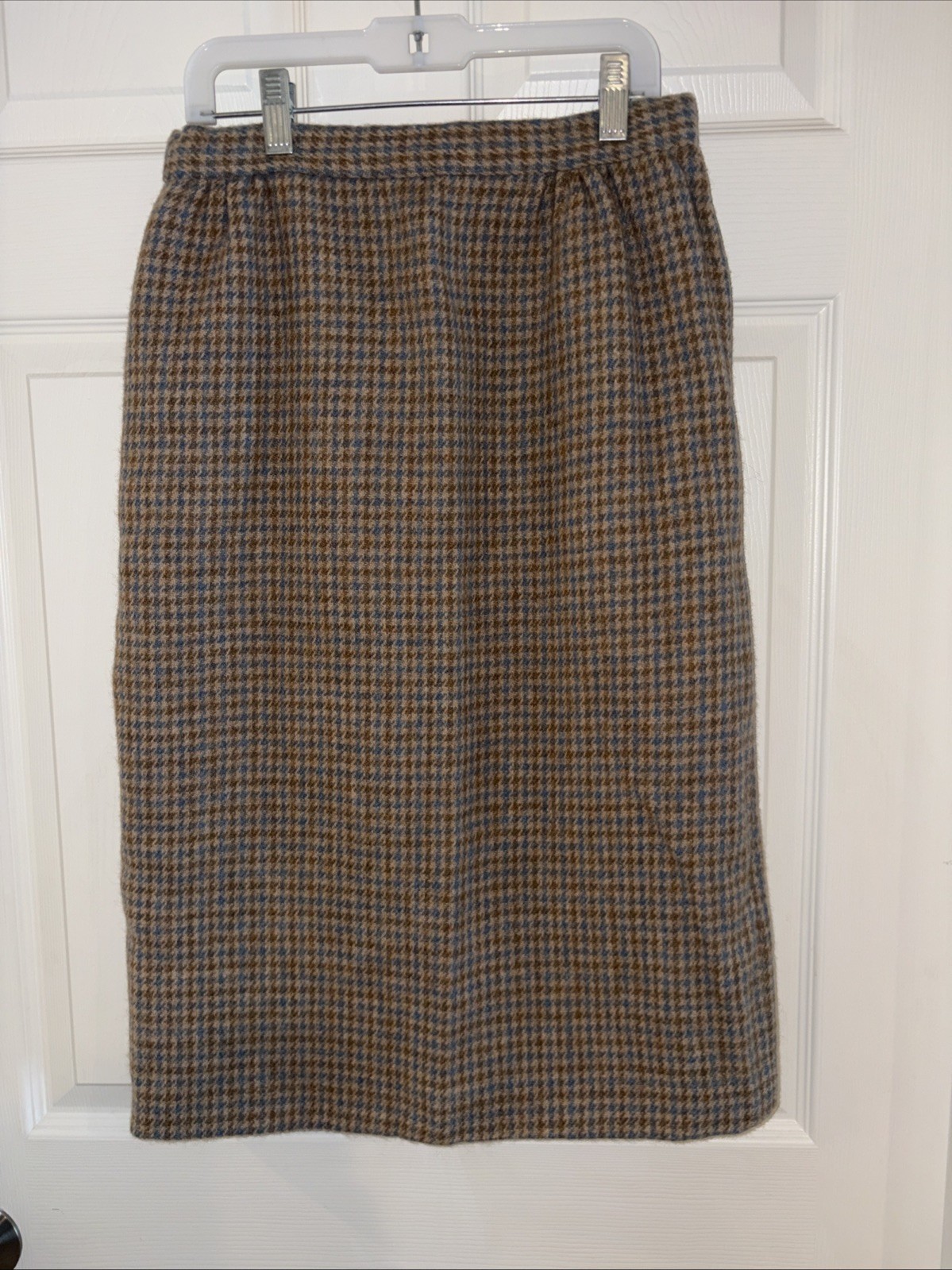 Vintage Handmade Wool Blend Tweed Skirt Blue Tan Houndstooth Lined 26 Waist