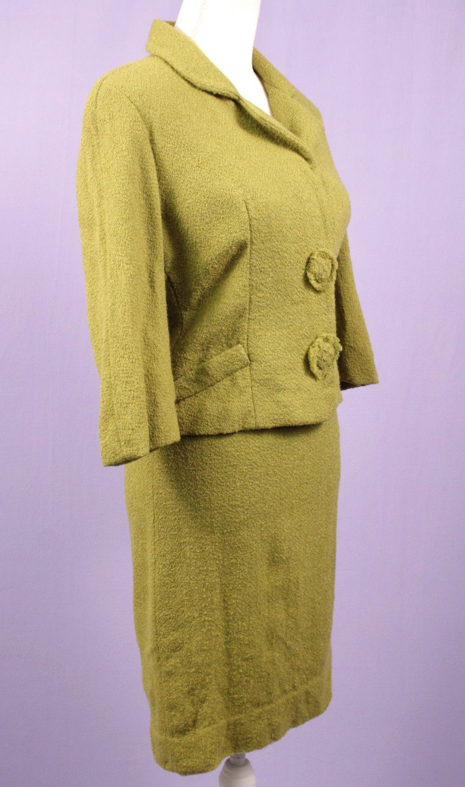 VTG Women’s 50s 2 Pc Chartreuse Wool Dress Suit XS/S 1950s Utah Tailoring Mills