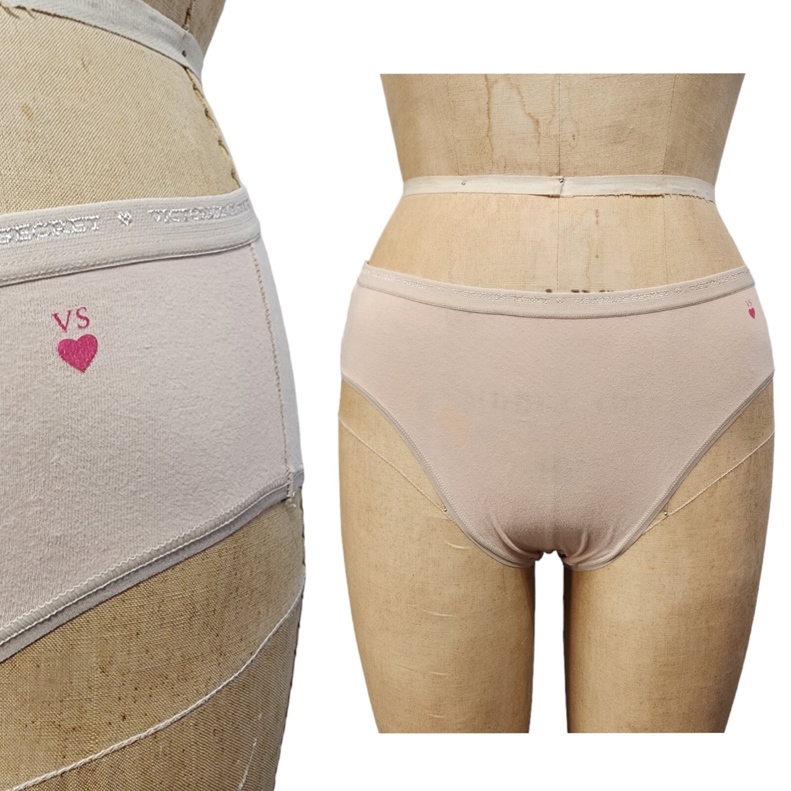 Vtg Victorias Secret Cotton High Leg Brief Panty Signature Logo Band Nude Tan XL