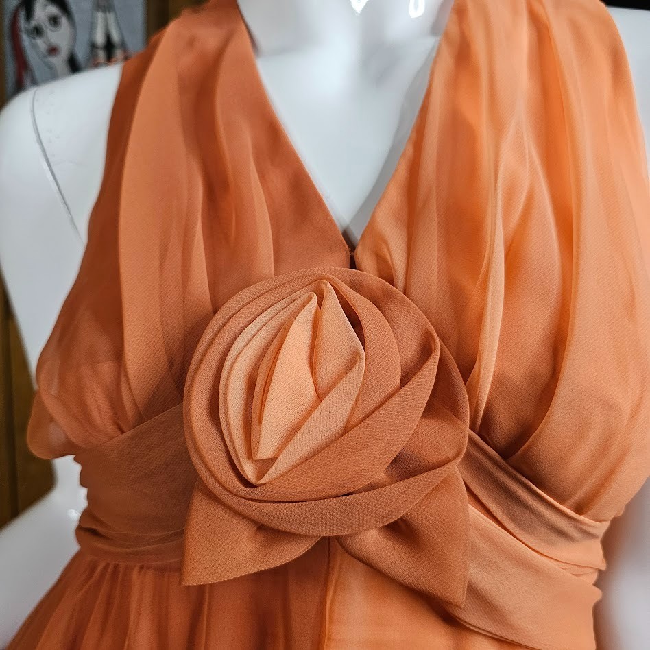 Vtg 70s Peach Chiffon Formal Maxi Dress Rosette Prom Bewitched Party Wedding S