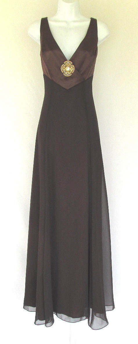 VINTAGE 1980s BRIDAL COUTURE DRESS BROWN SATIN POLY CHIFFON CRYSTALS SIZE 10