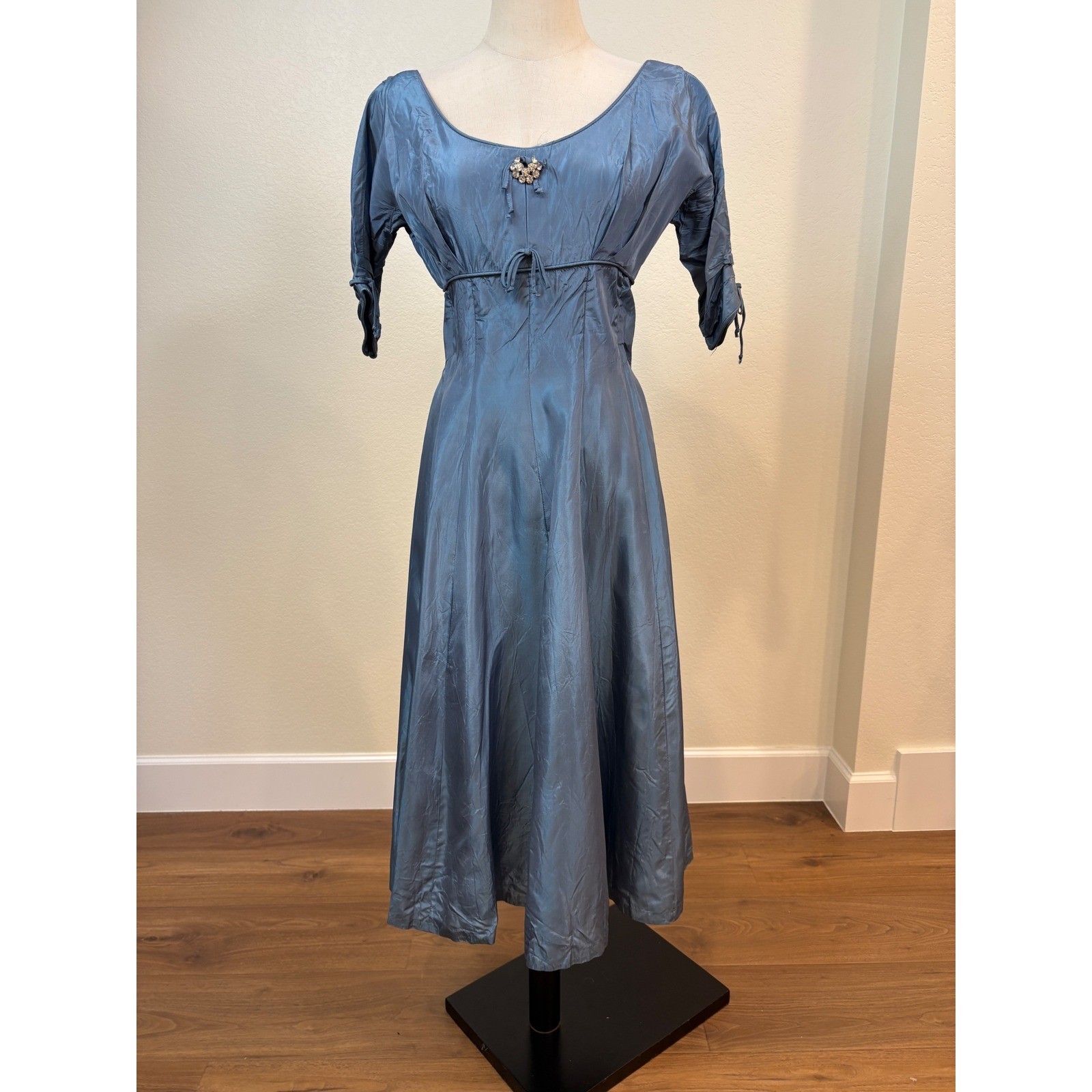 Vtg 50s Dress S Blue Taffeta Rhinestone Mid Century Cocktail Party Rockabilly