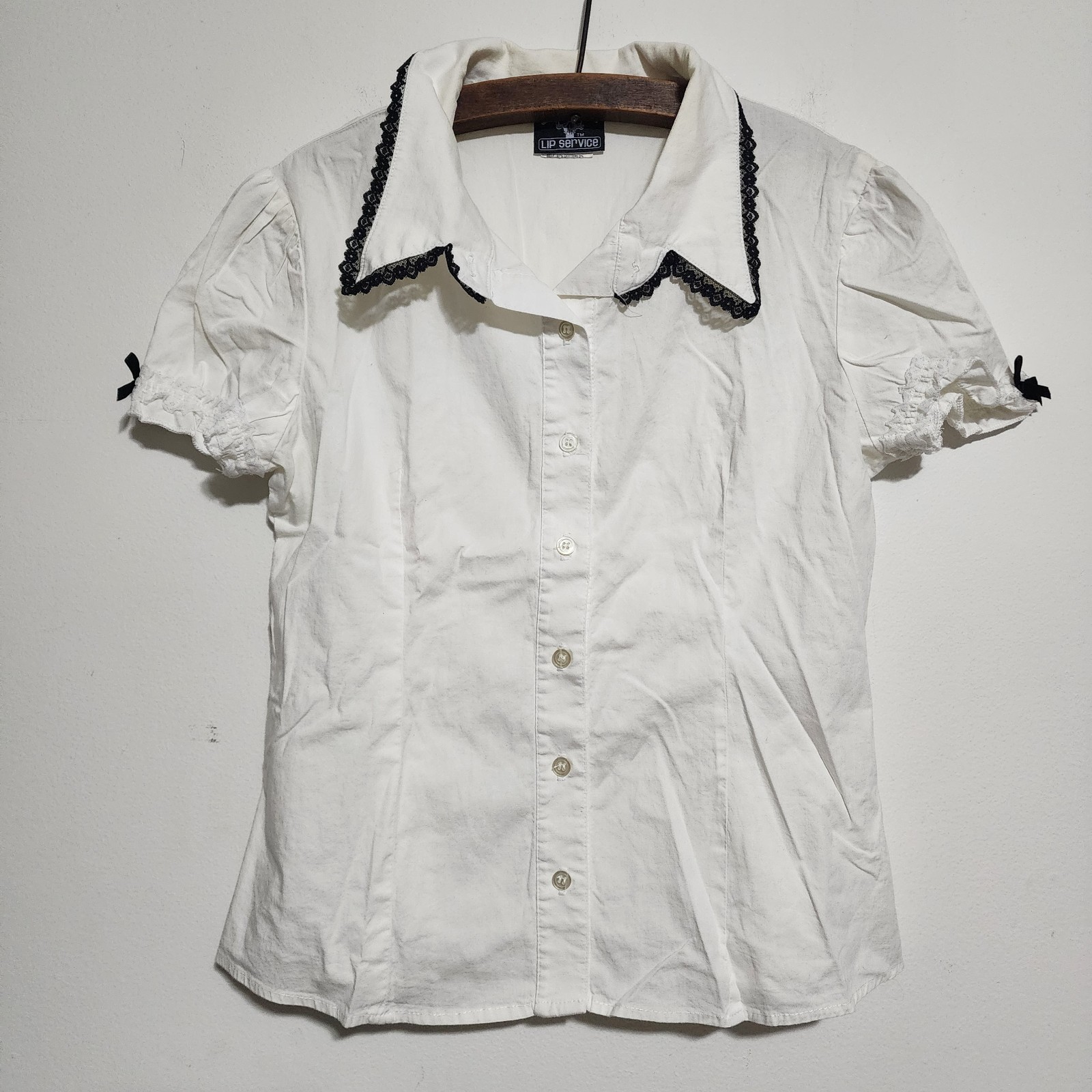 Vtg Lip Service Y2K Mall Goth Victorian Punk Blouse White Lace Dagger Collar L