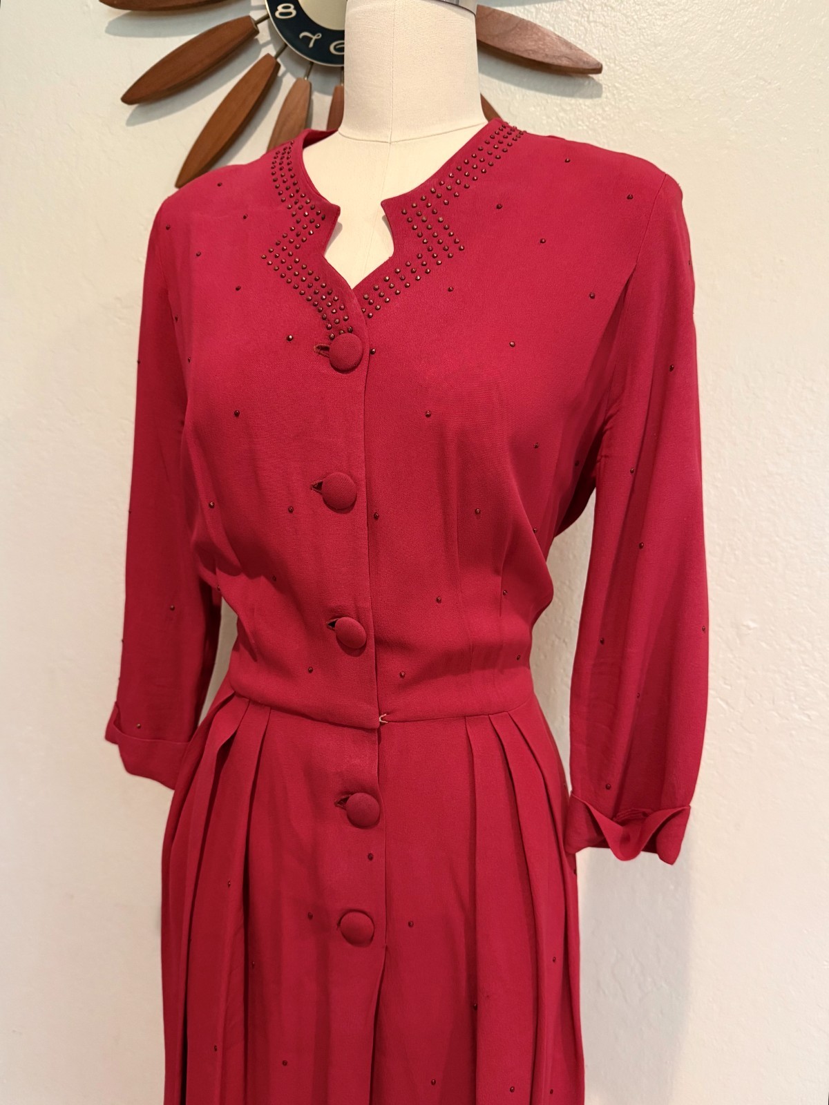 1940s Red Rayon Crepe Shirtwaist Dress with Studs Volup