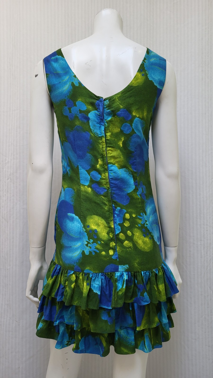 Vintage 1960s SUN FASHIONS HAWAII Blue Green Floral Ruffle Dress – Size XS – EUC