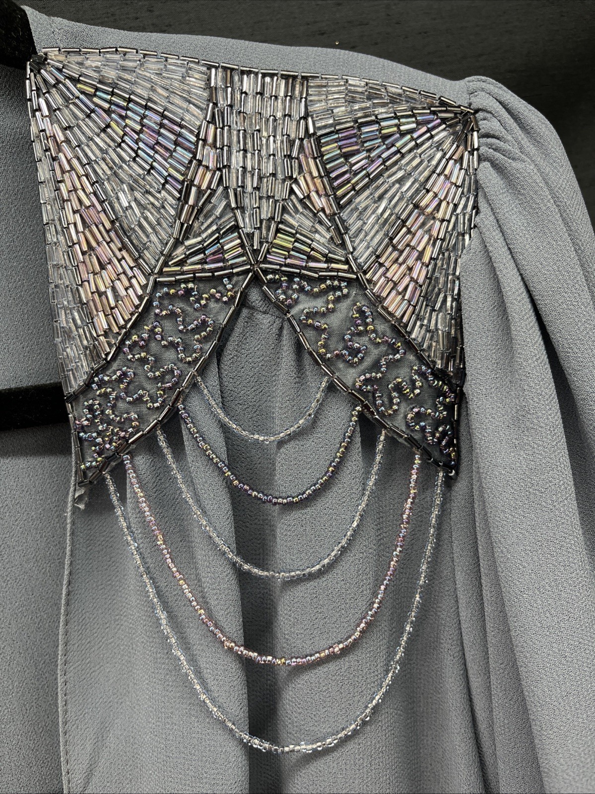 Vtg Casadei Dress Drop Waist Sequined Embellished Shoulder 80s Does 20s Gray M