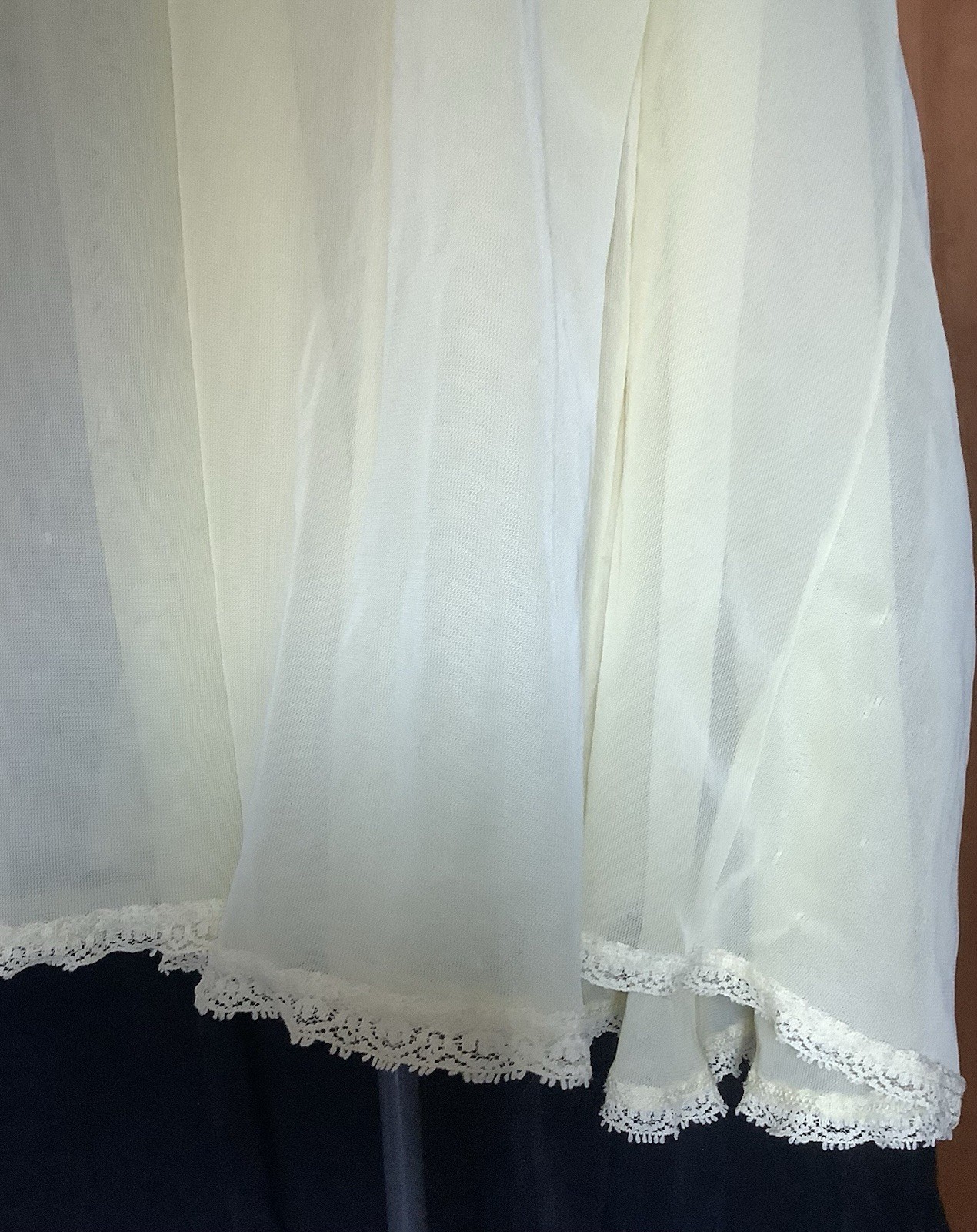 Vintage 1960’s Lemon Yellow Nylon Nightgown Empire Waist Lace Bodice Trim Sheer