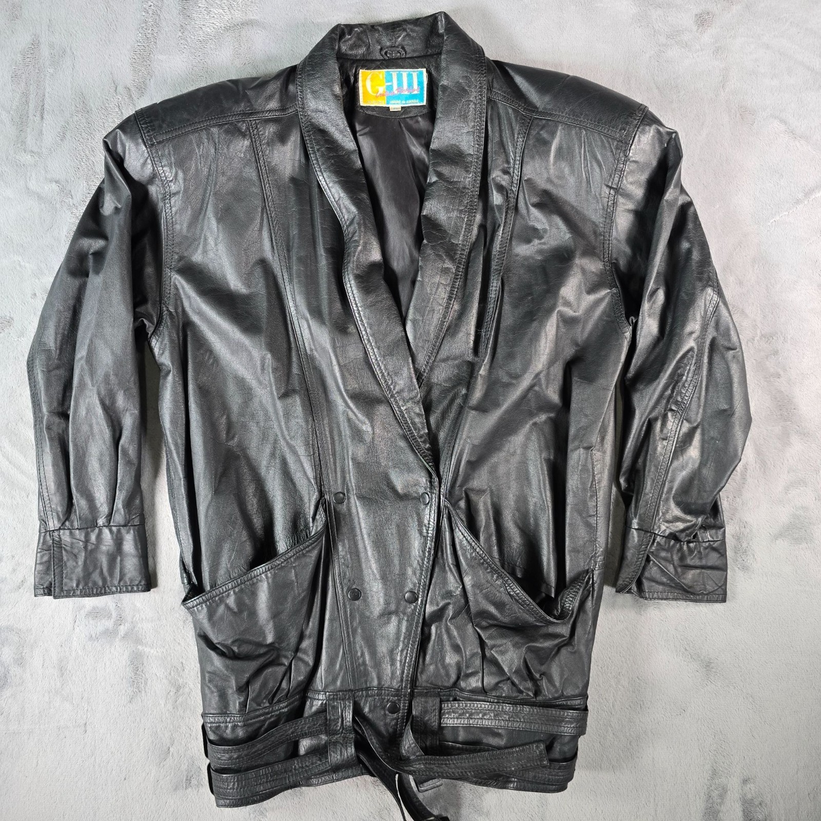 Vintage 1980s G-III Leather Fashions Black Oversized Shawl Collar Jacket (S)