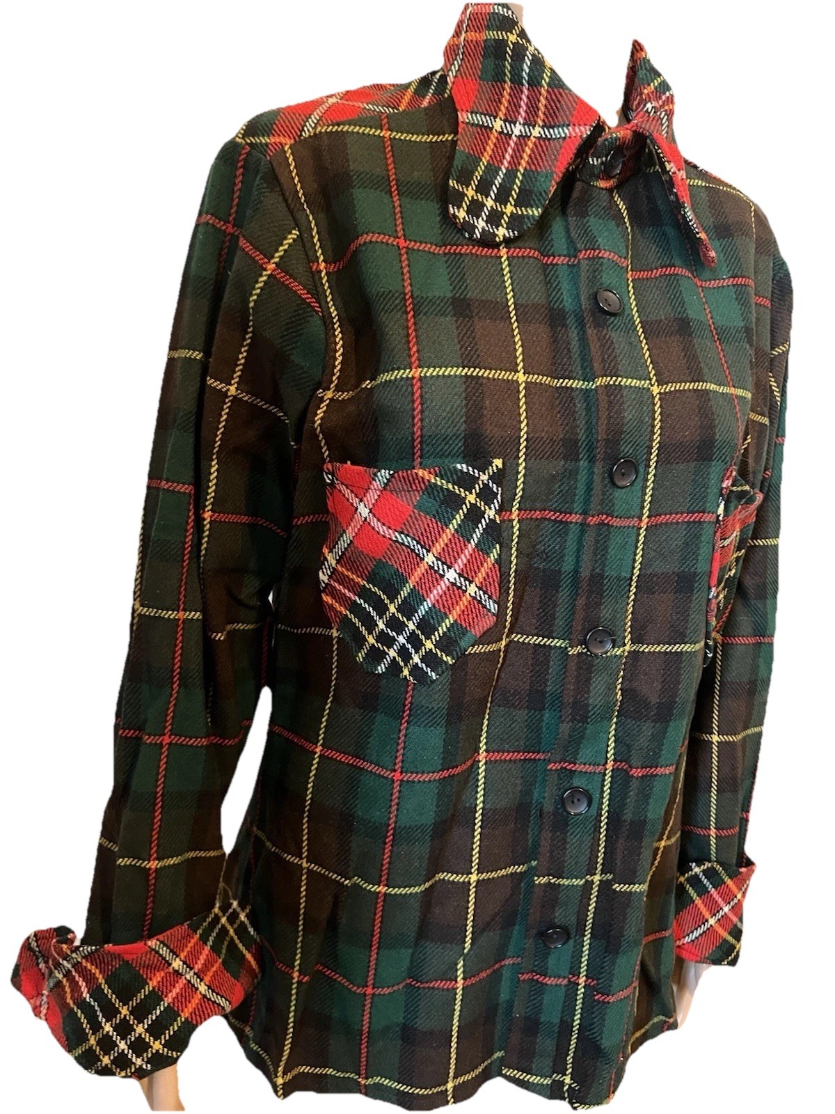 Vintage 1970s Green/Red Tartan Plaid Wool Blouse Women’s L Wide Collar Pockets