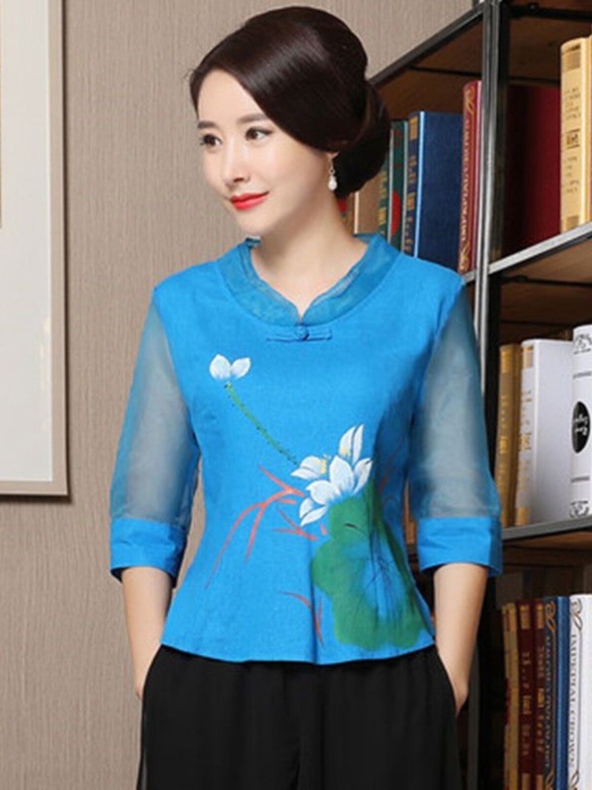 Chinese Blouse Flower Print Cotton Linen Oriental Hanfu Shirt Oriental Tang Suit