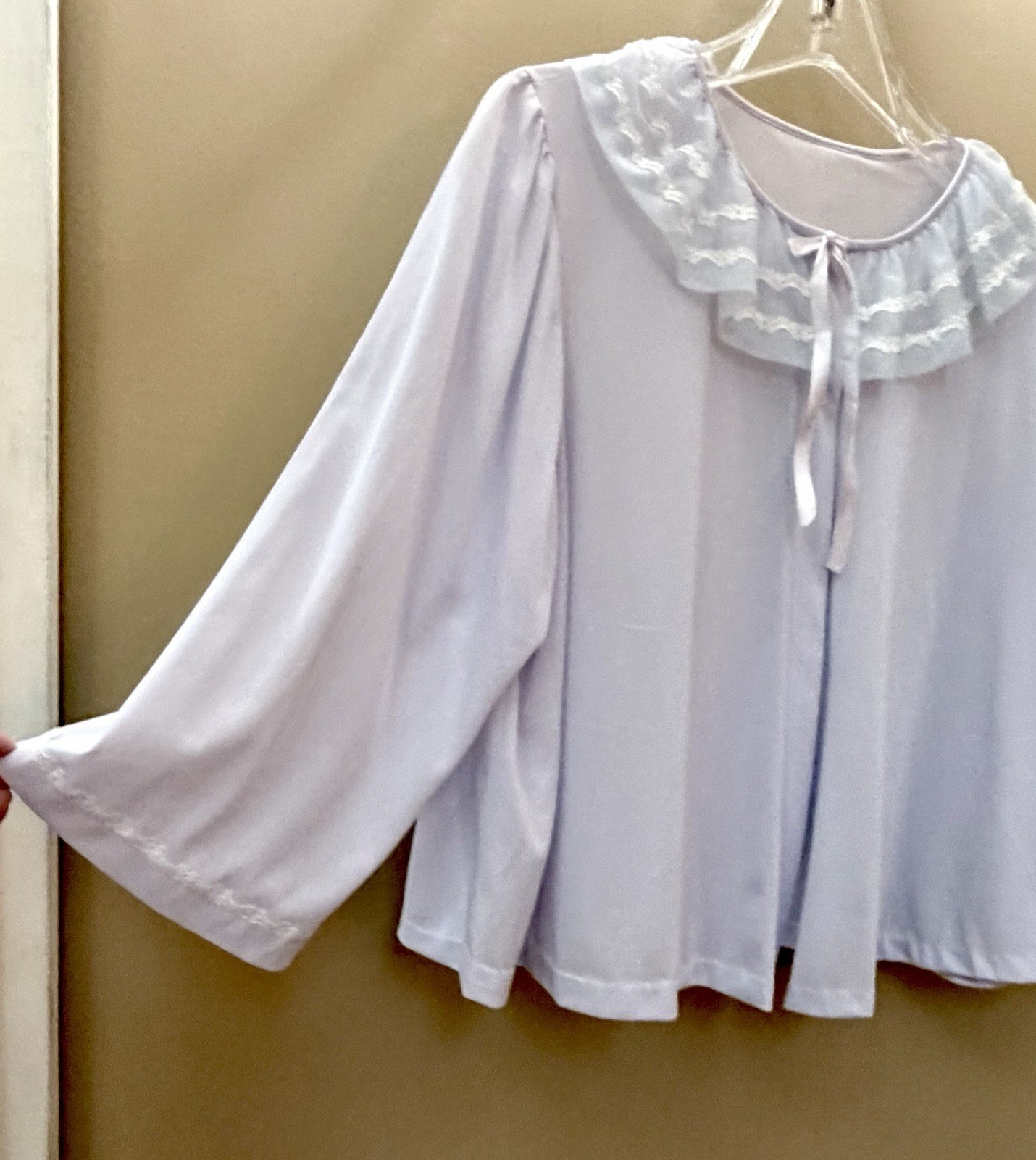 VTG 1950s MISS ELAINE Pale Lavender-Blue Pajama Top-BED JACKET PJ Sheer Lace M/L