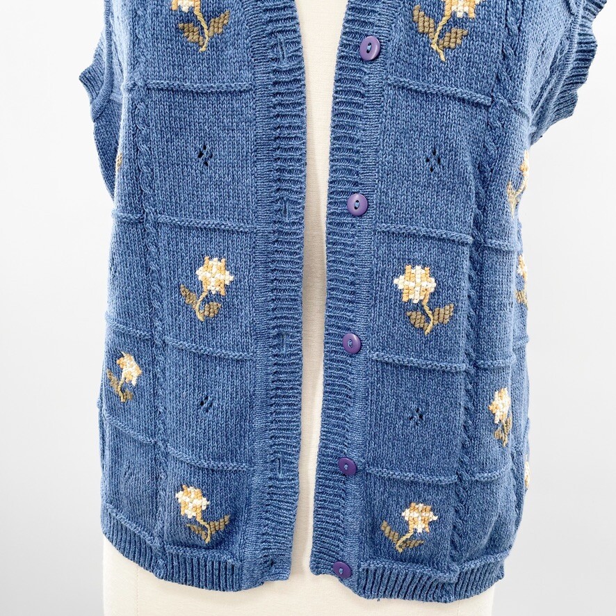 Vintage Tulchan Dusty Blue Floral Embroidered Sweater Vest Size Large L