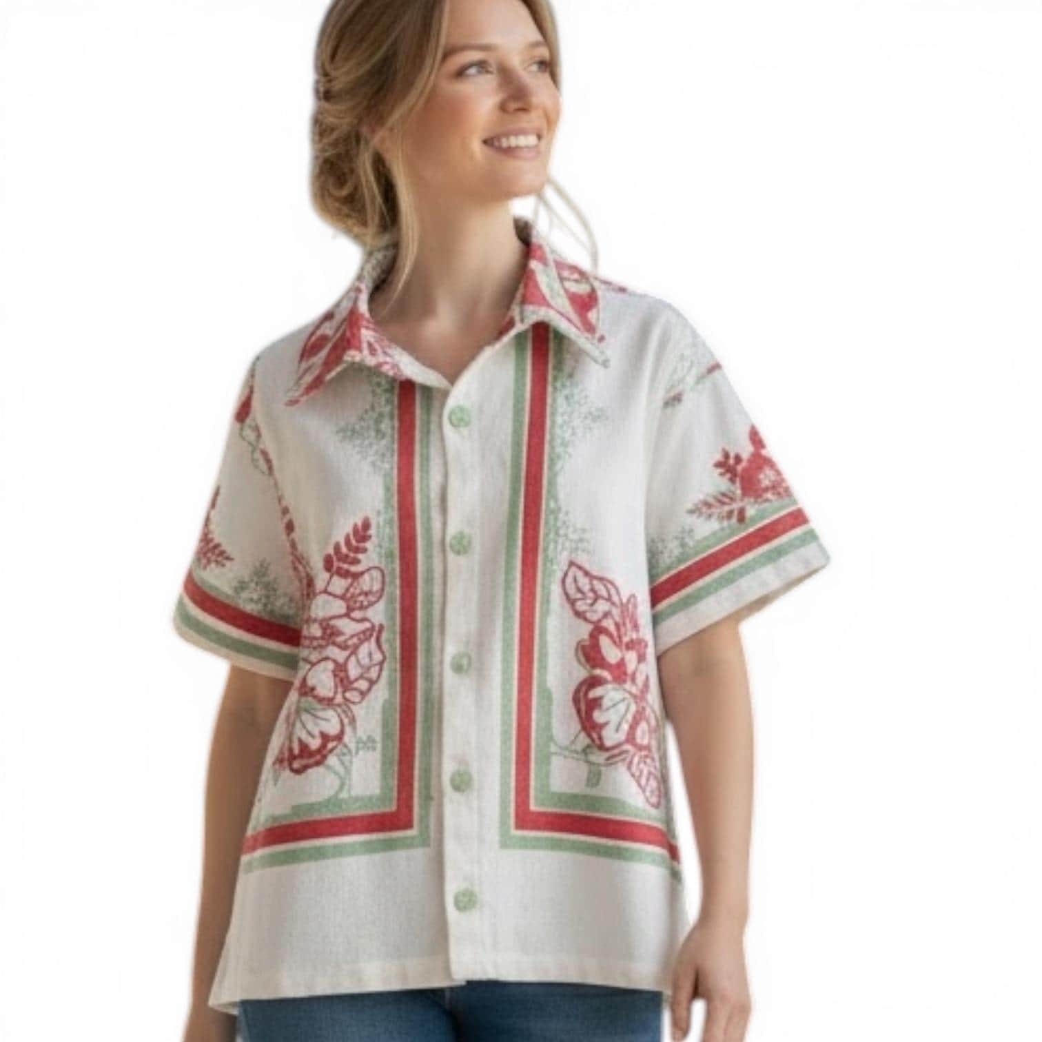Vintage Upcycled Floral Tablecloth Print Button Up Shirt Red Green White Sz S