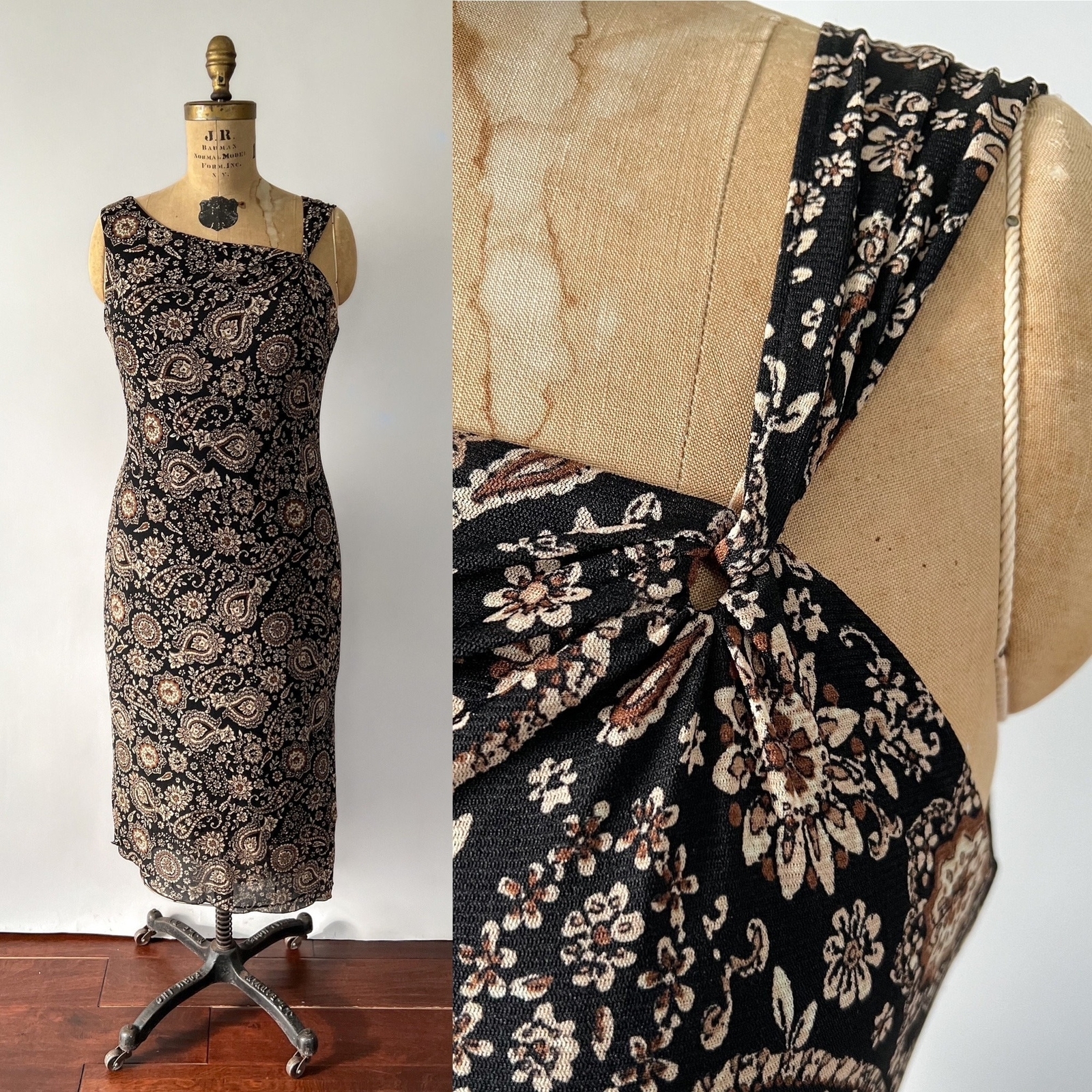 1990s Vintage Black Tan Paisley Print Mesh Sleeveless Keyhole Neck Slip Dress M