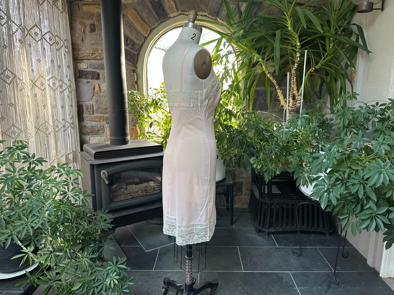 Vintage 1960s Peach Nylon Ivory Lace Slip Dress Crepelon Vassarette