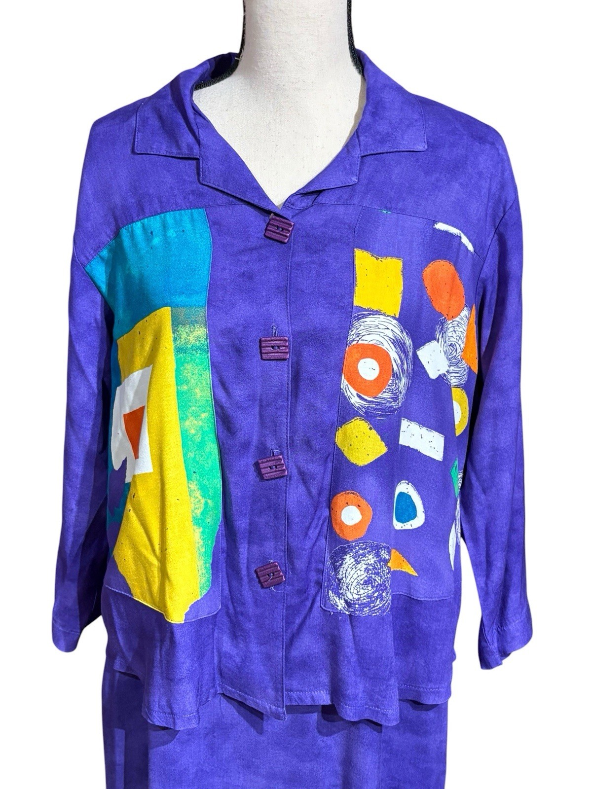 Vintage NINO WONG CA Long Maxi Dress And Shirt Set Purple Art USA Sz M Vacation