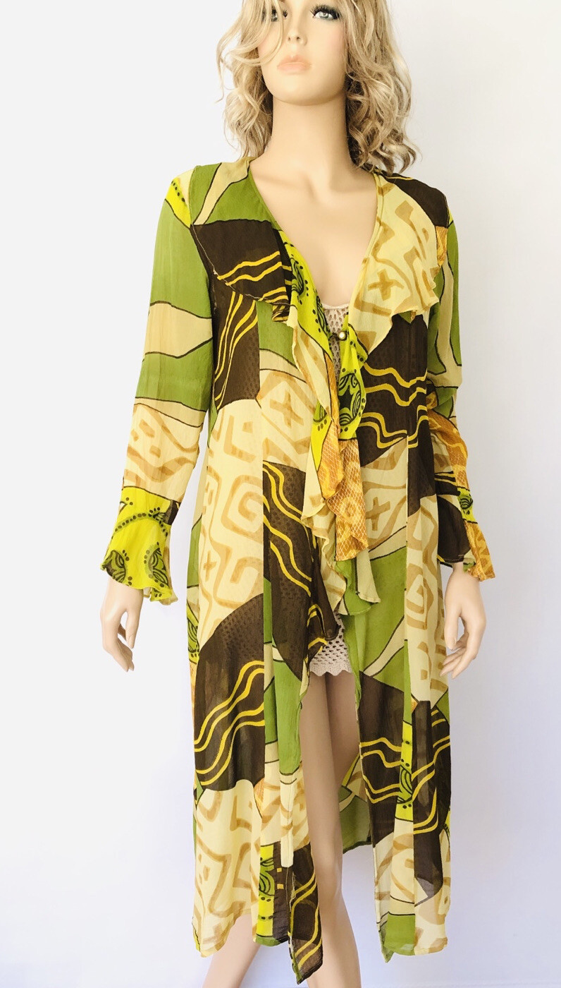 Kimono Duster chiffon maxi cardigan long cover up dress Vintage Sheer Robe SZ L