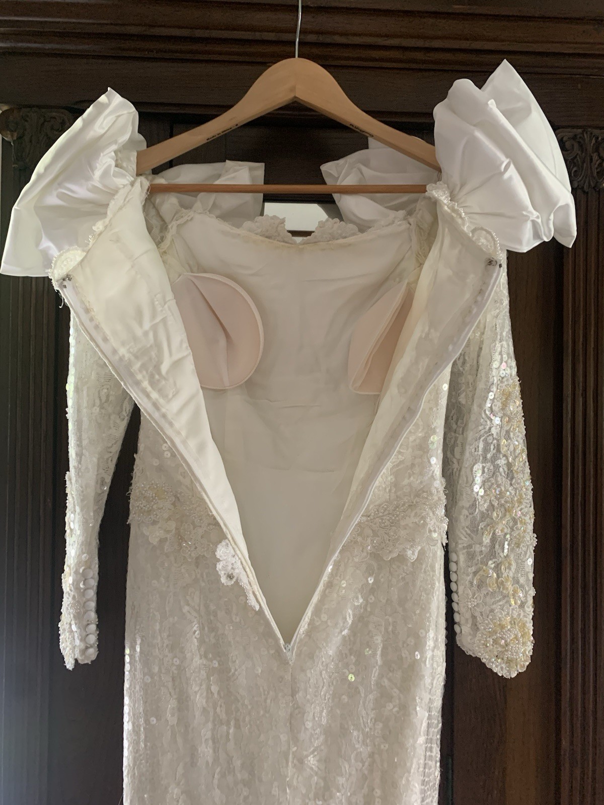 Vintage 80’s-90’s Sequin Beaded Ivory Formal Dress Gown Bow Sleeves Wedding Prom