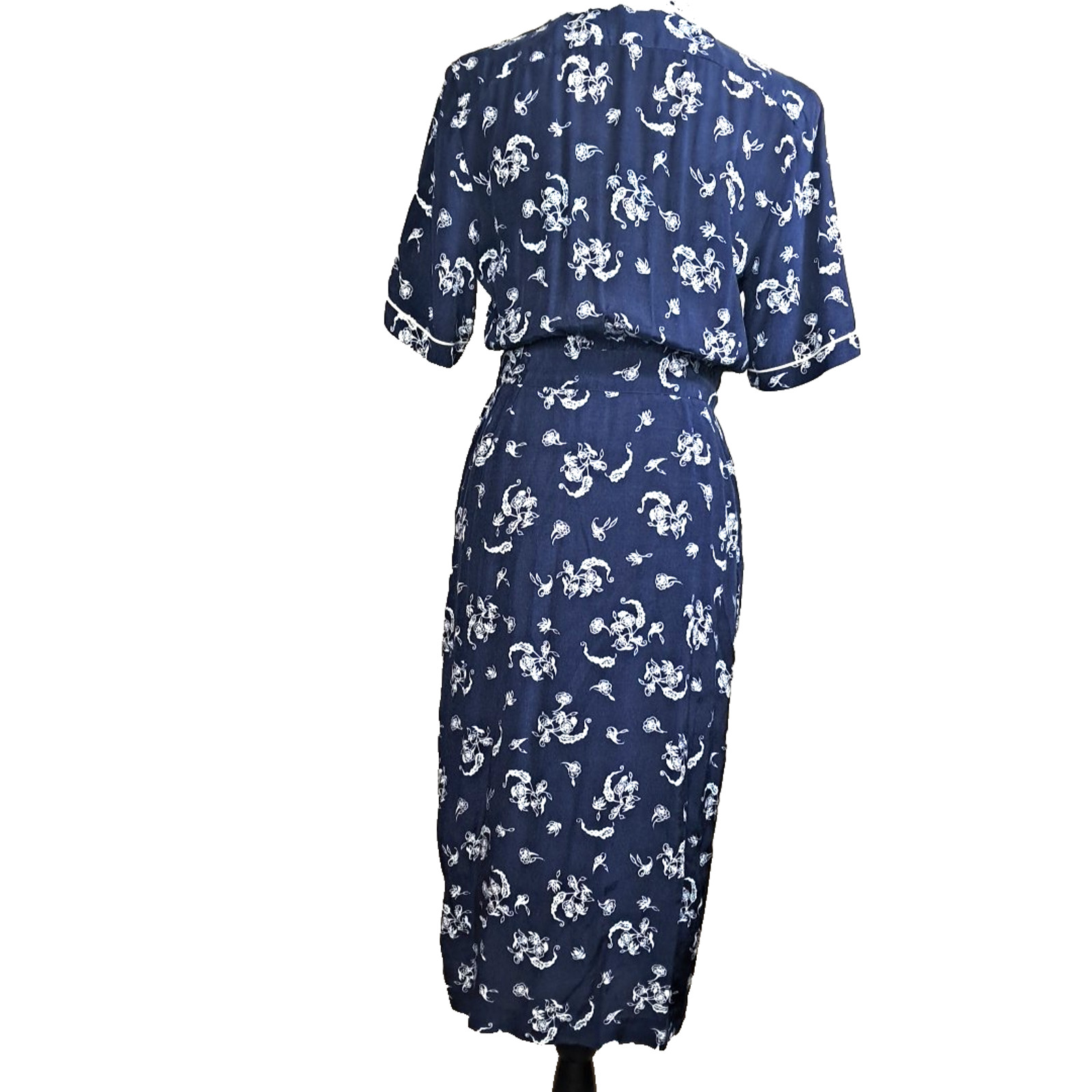 90’s Karen Stevens Floral Lace Collar Pencil Midi Dress Size 6 Blue Cottagecore