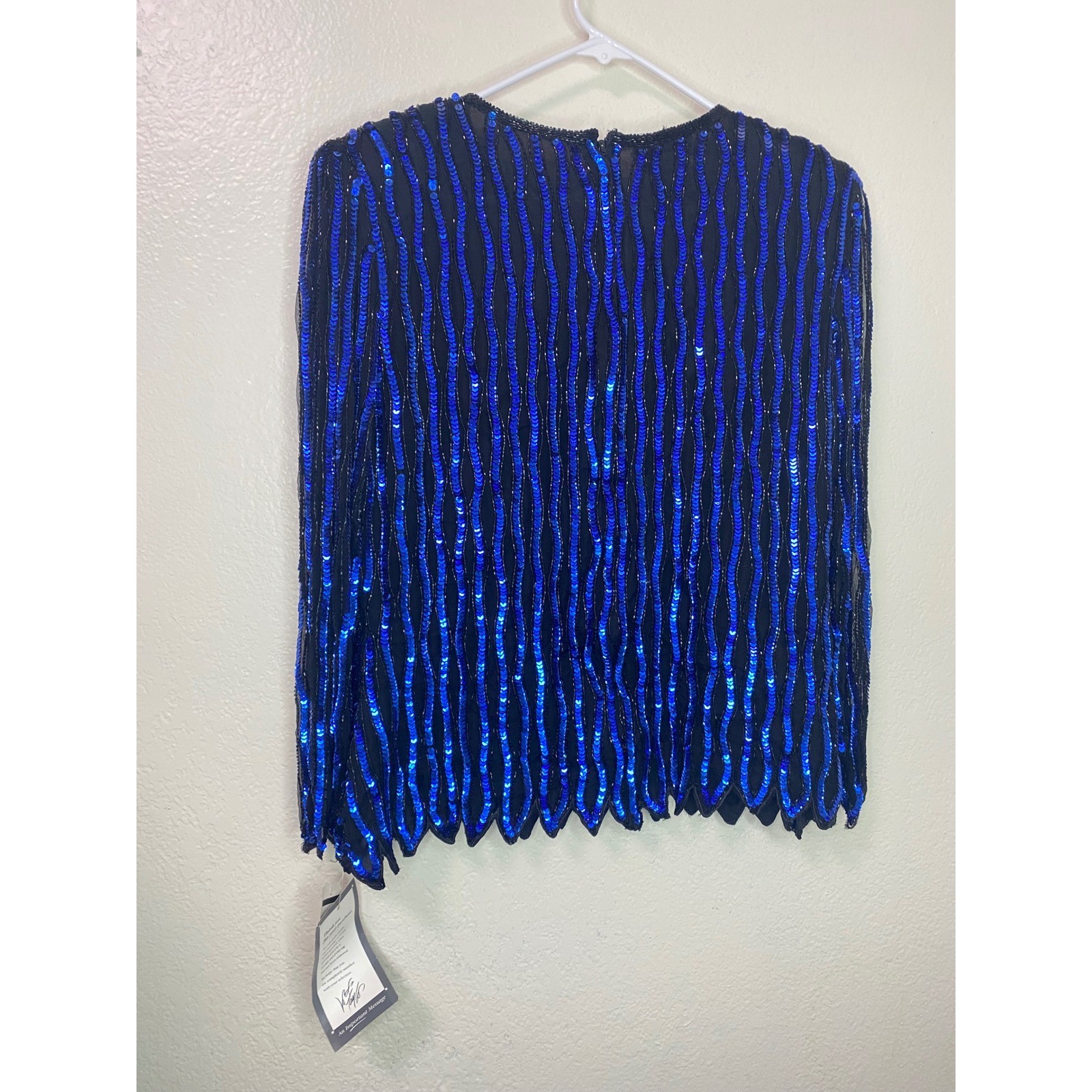 Vintage Deadstock NWT Stenay Silk Sequin Beaded Top Cobalt Blue Scalloped Hem XL