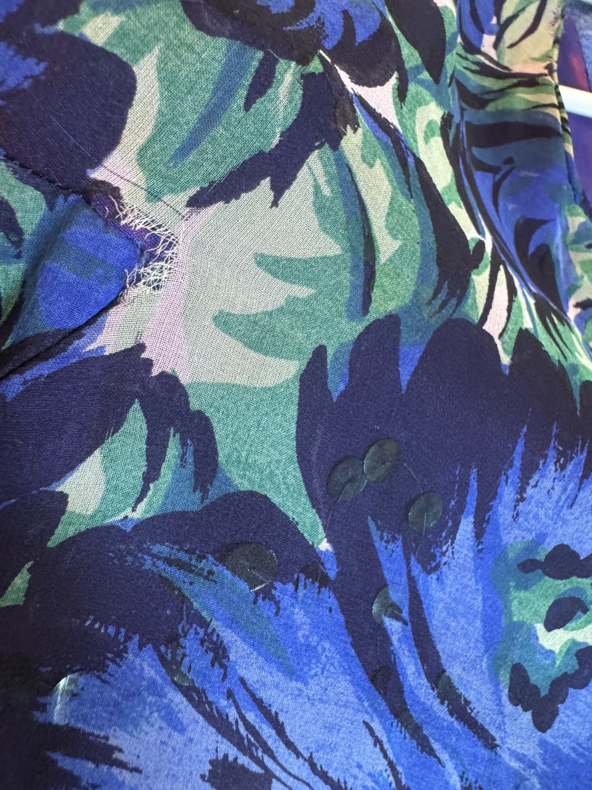1960s Vintage Silk Chiffon Party DRESS Blue/Green Floral Lined Taffeta M Sequin