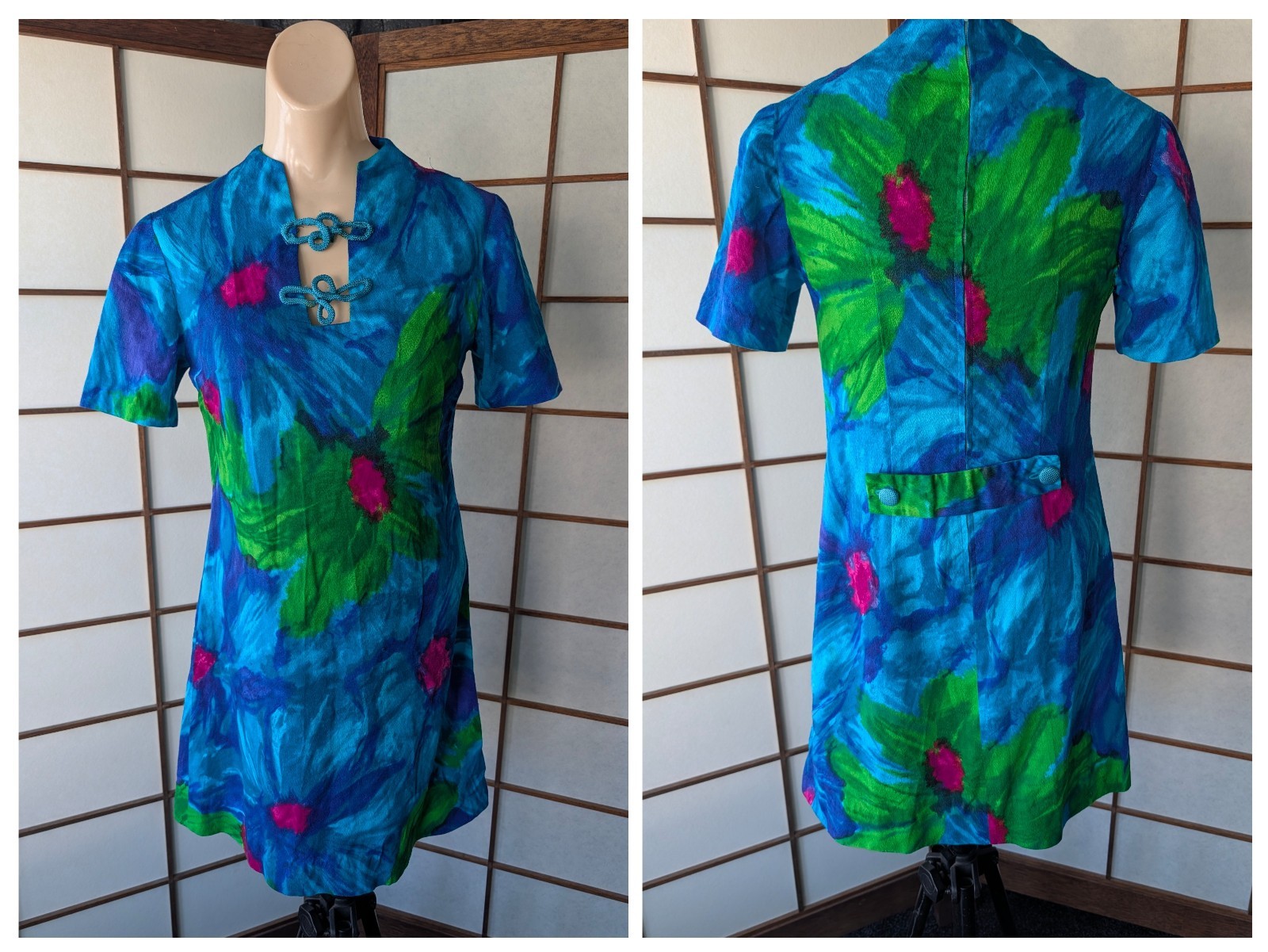 Vtg Hawaiian Hand Made Mini Dress Frog Closure Rayon Barkcloth Short Sleeve Sz S