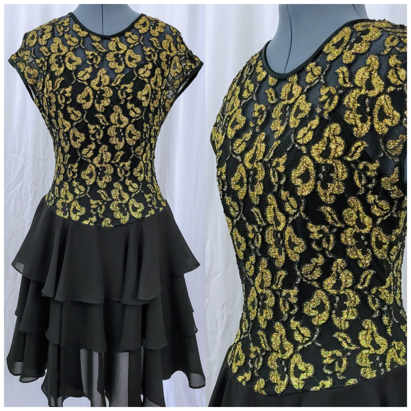 Vintage Late Edition Gold & Black Lace Bodice Dress w Tiered Skirt Size 10