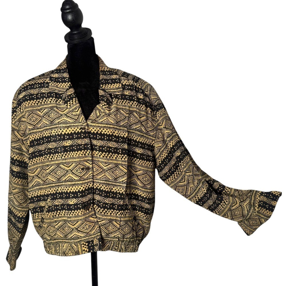 Vintage 80s Silk Aztec Geometric Slouchy Jacket Size S Petite Black Gold Tribal