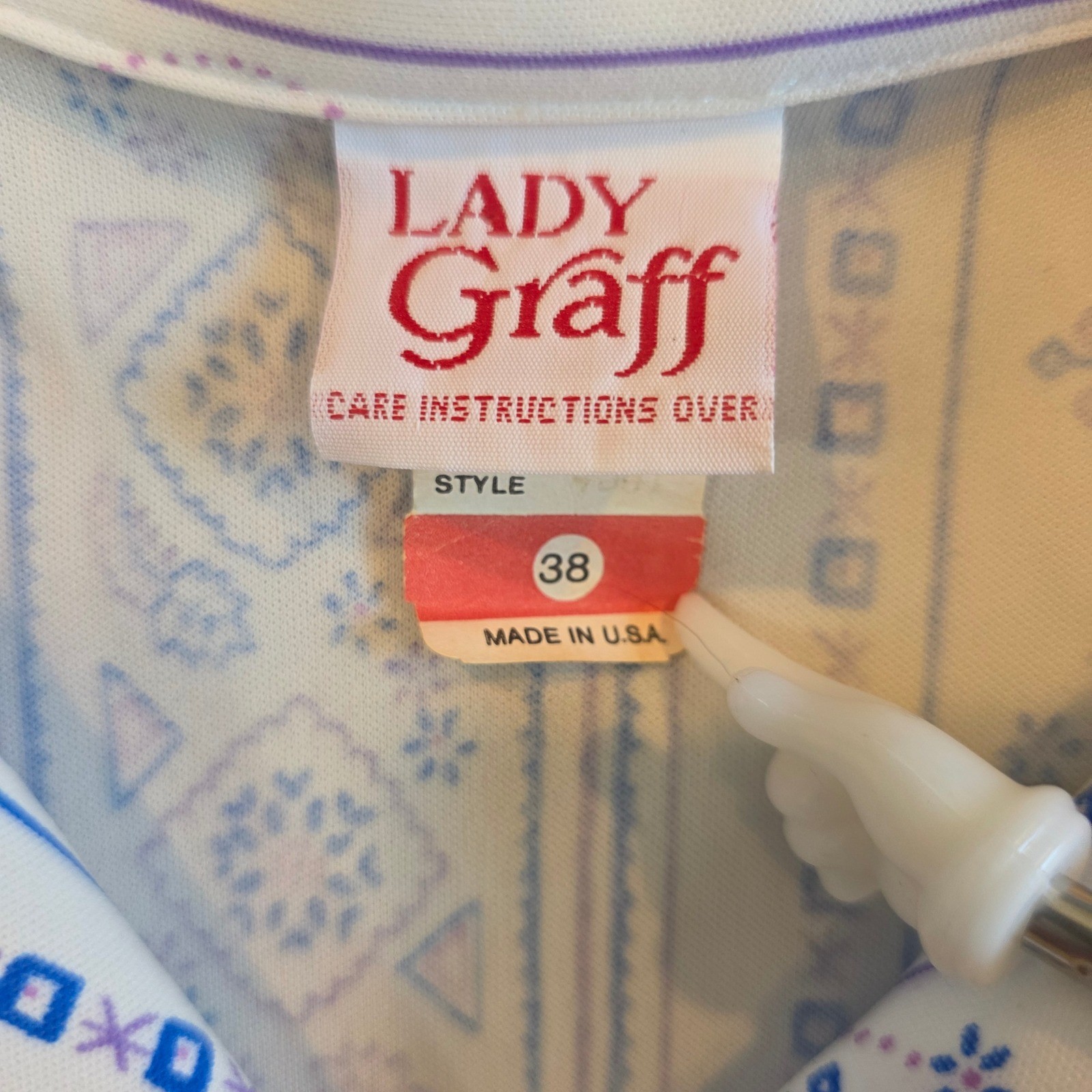 Vintage Lady Graff Blouse Size 38 Blue White Geometric Stripe Button Up USA Made