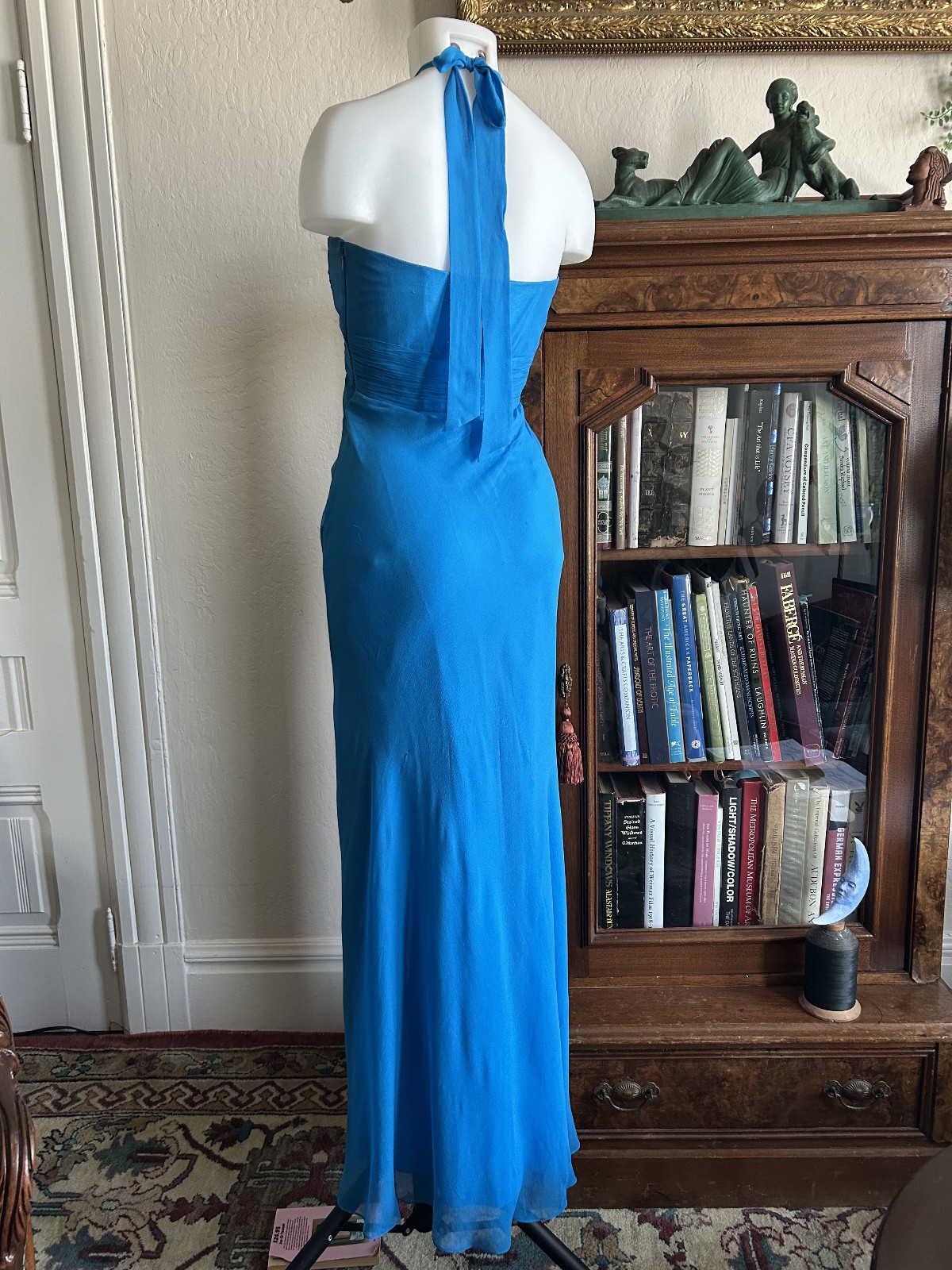 Vintage Y2K Laundry Shelli Segal Aqua Blue Silk Halter Maxi Dress Formal Fairy