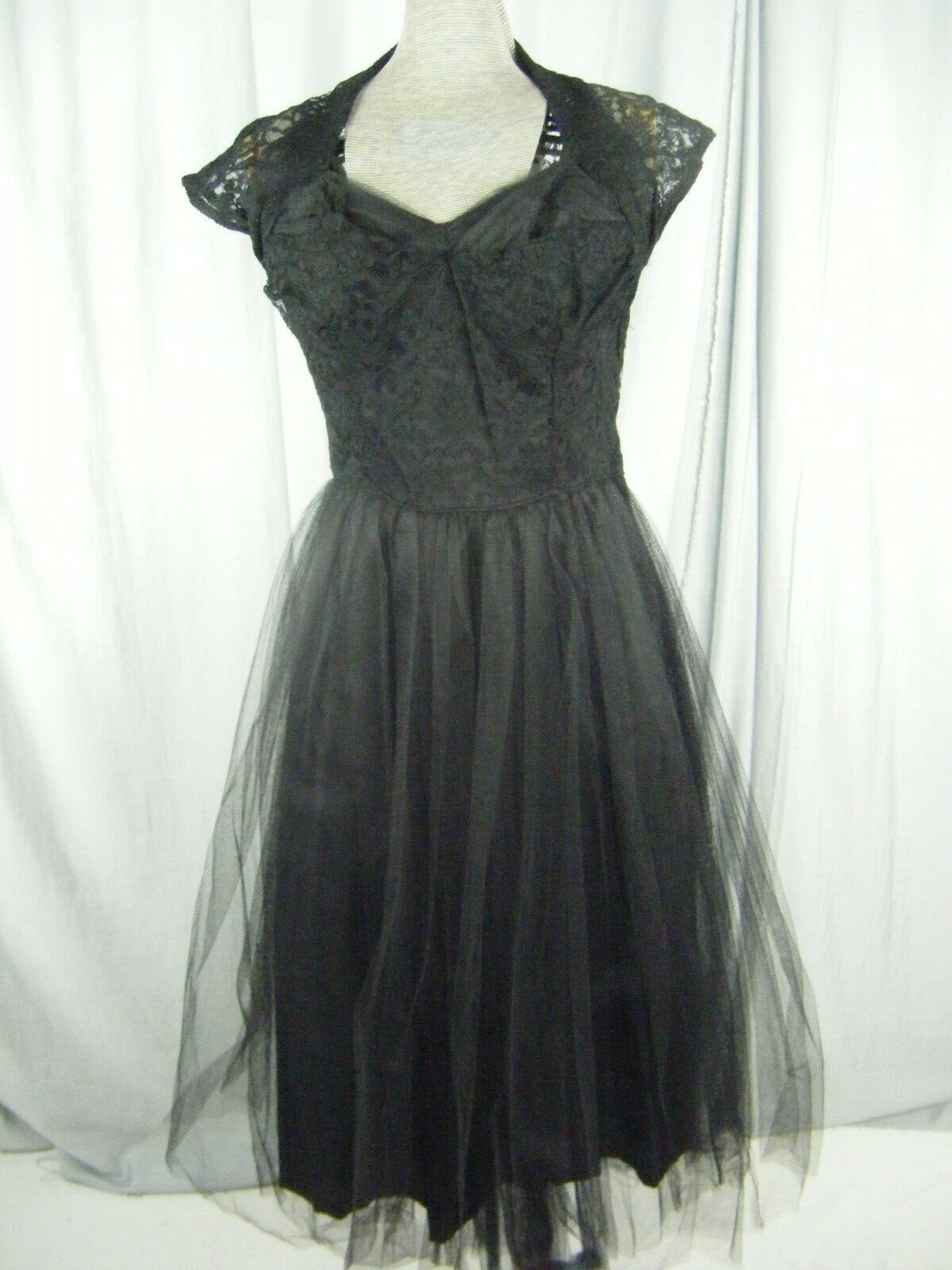 Vtg 50s Black Illusion Sheer Floral Lace/Tulle Net Party Dress-Bust 34/XS