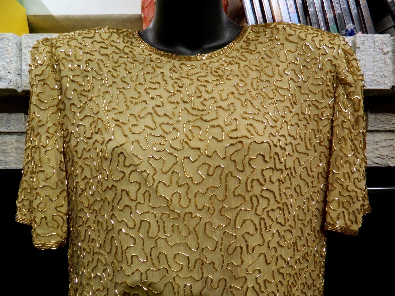 LAURENCE KAZAR VINTAGE DRESS GOLD SILK BEADED SZ Petite Large SHORT SLEEVE