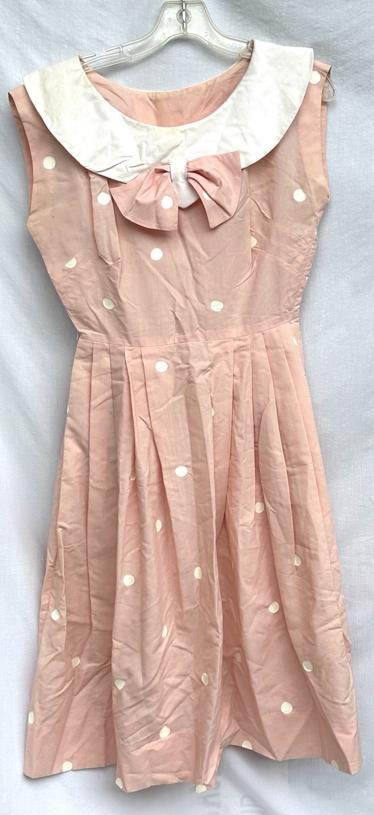 Vintage 1950s Pink Polka Dot Dress White Collar Bow Talon Zipper Pinup 38