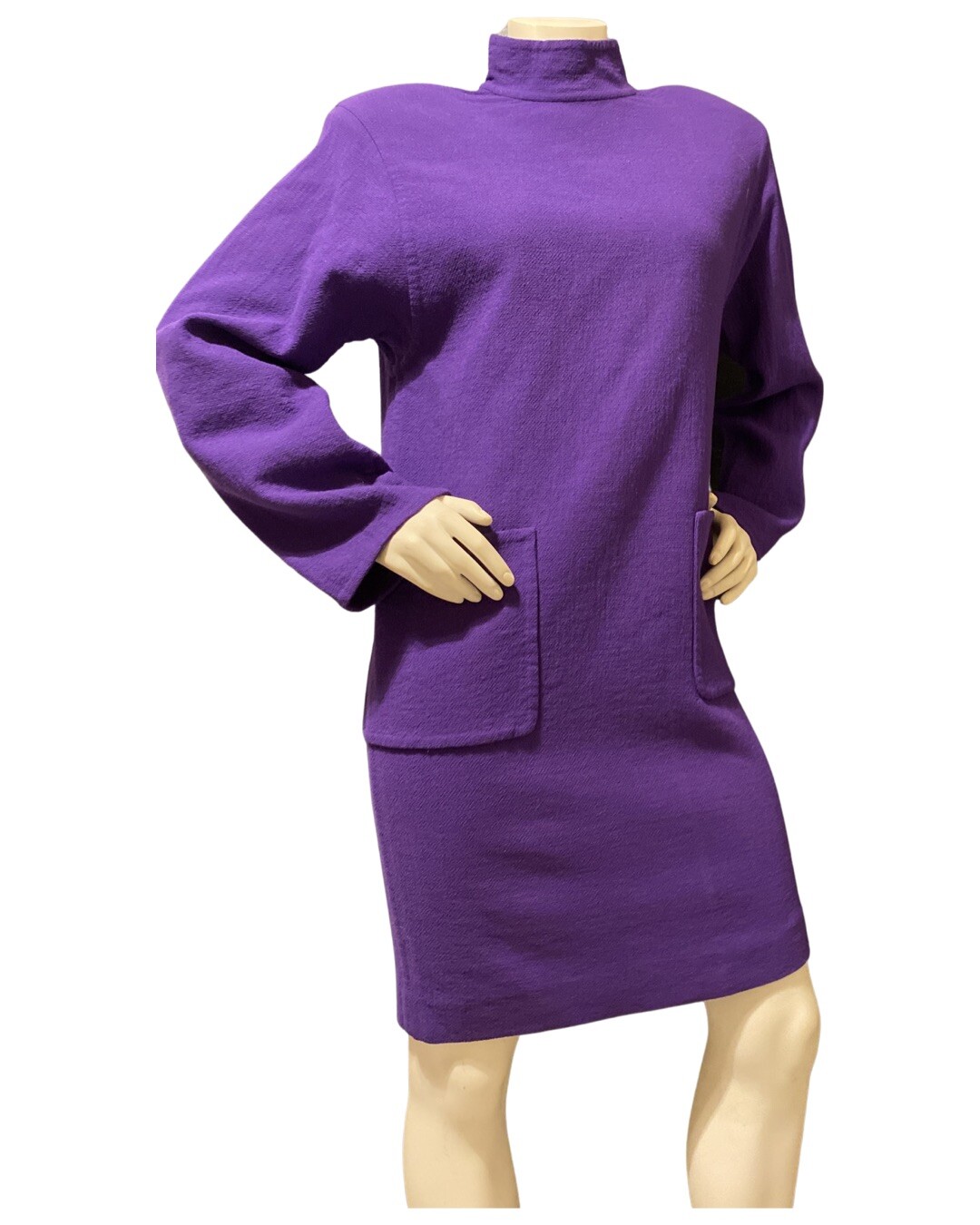 VTG 1980s Carolyne Roehm Couture, Dress Purple Wool MIDI Long Sleeve Pullover 10