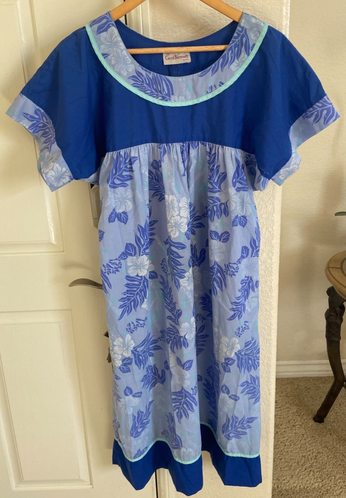 Vtg Carol Bennett MuMu Caftan Hawaiian Aloha Blue Floral c1970’s
