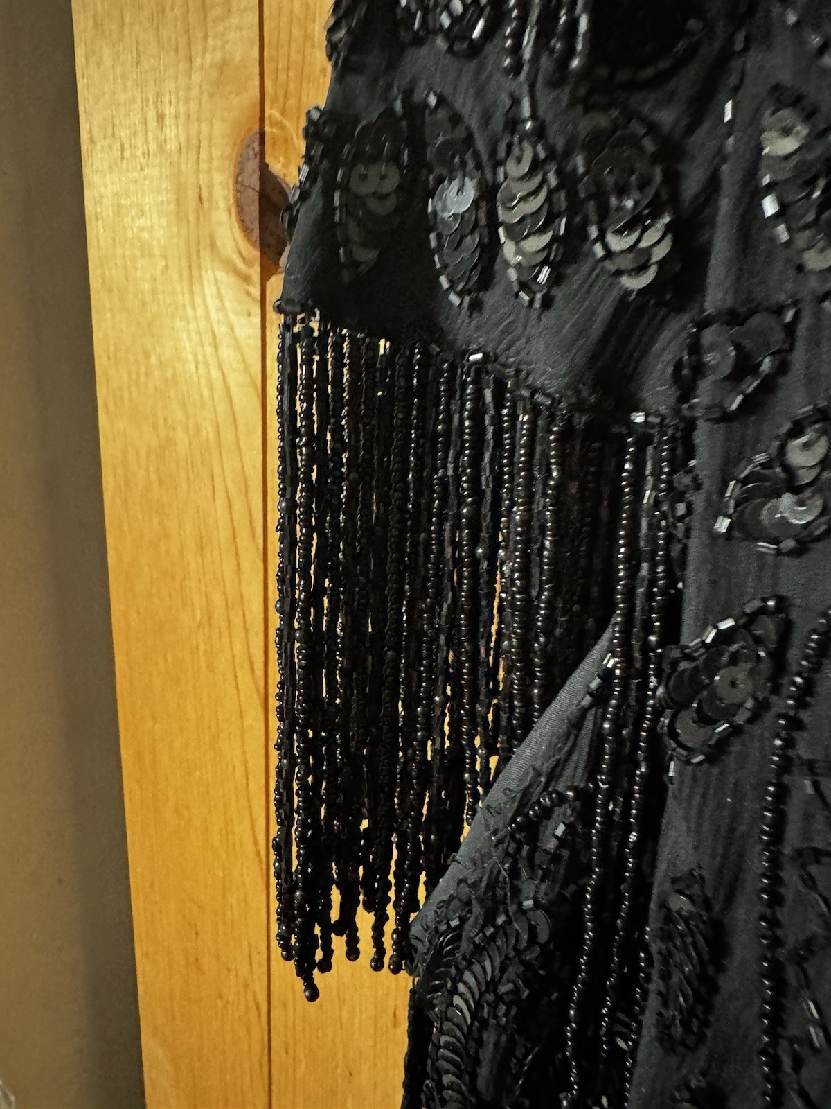 Mid 1990’s Black Tan Chho Sequinned & Beaded Dress with Fringe 2X BUST 44-48”