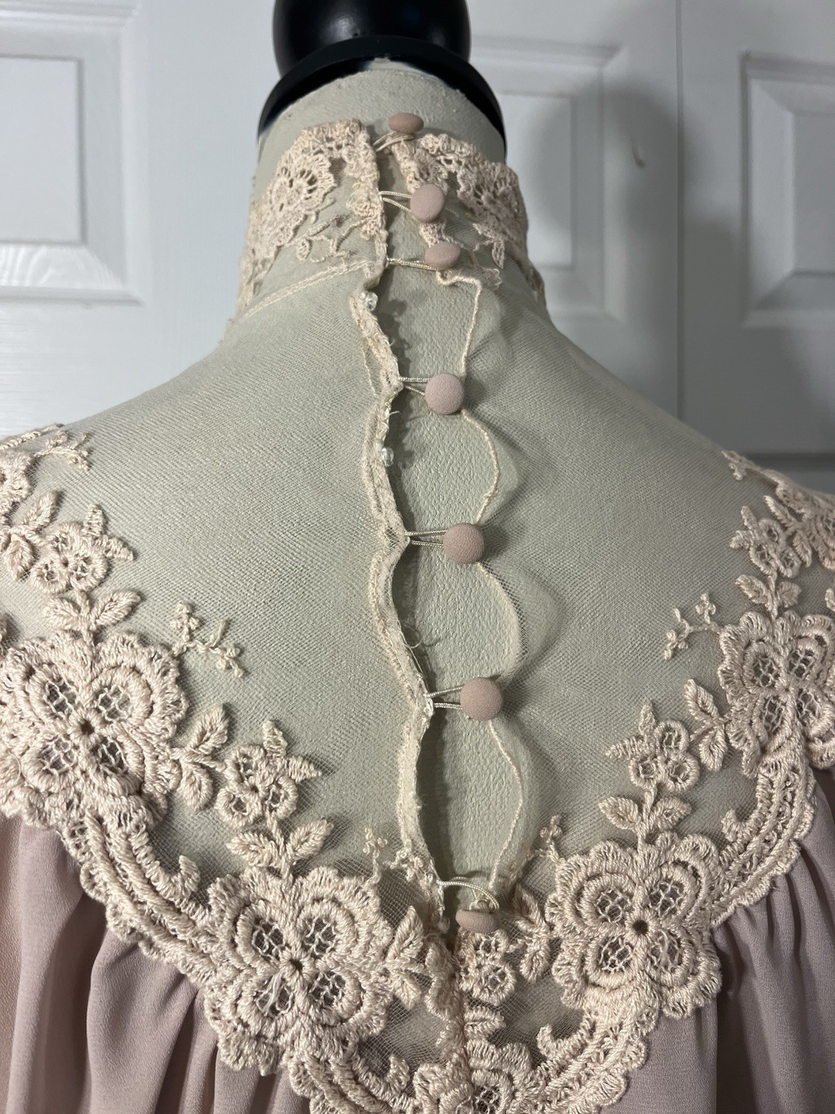 Victorian Chiffon Net Lace Blouse Sand Beige High Neck S/M