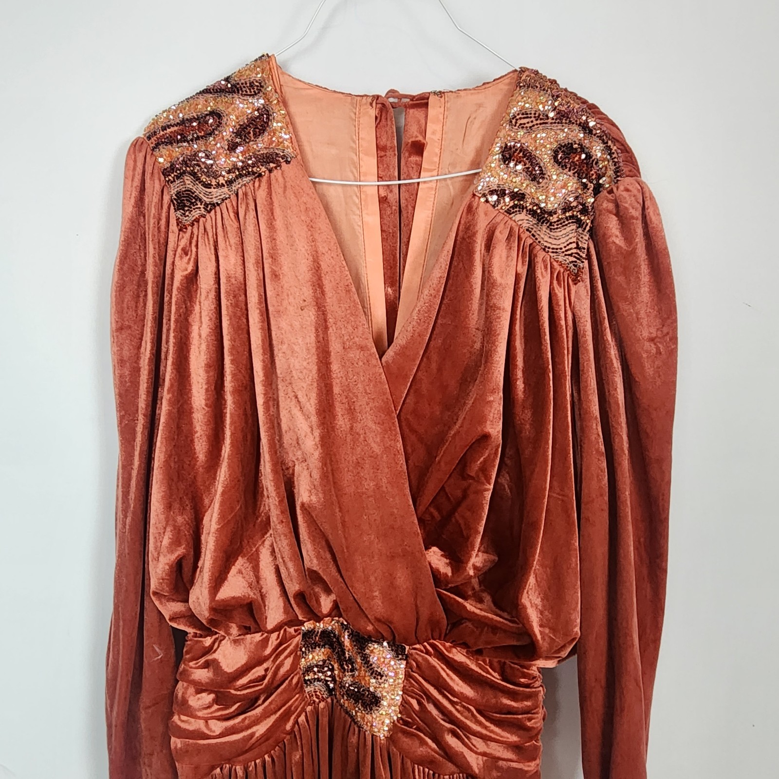 Vintage 80s Rust Velvet Dress 10 Beaded Disco Studio 54 Draped Rare John Charles