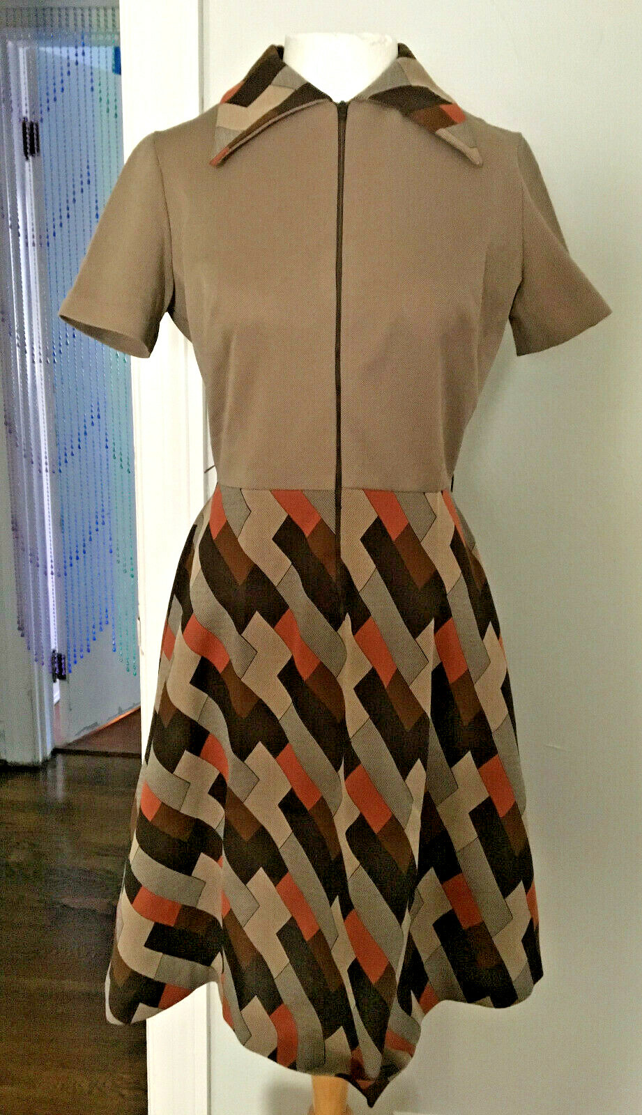 Vintage Puritan Forever Young Brown Geometric Skirt Point Collar Midi Dress Sz 7