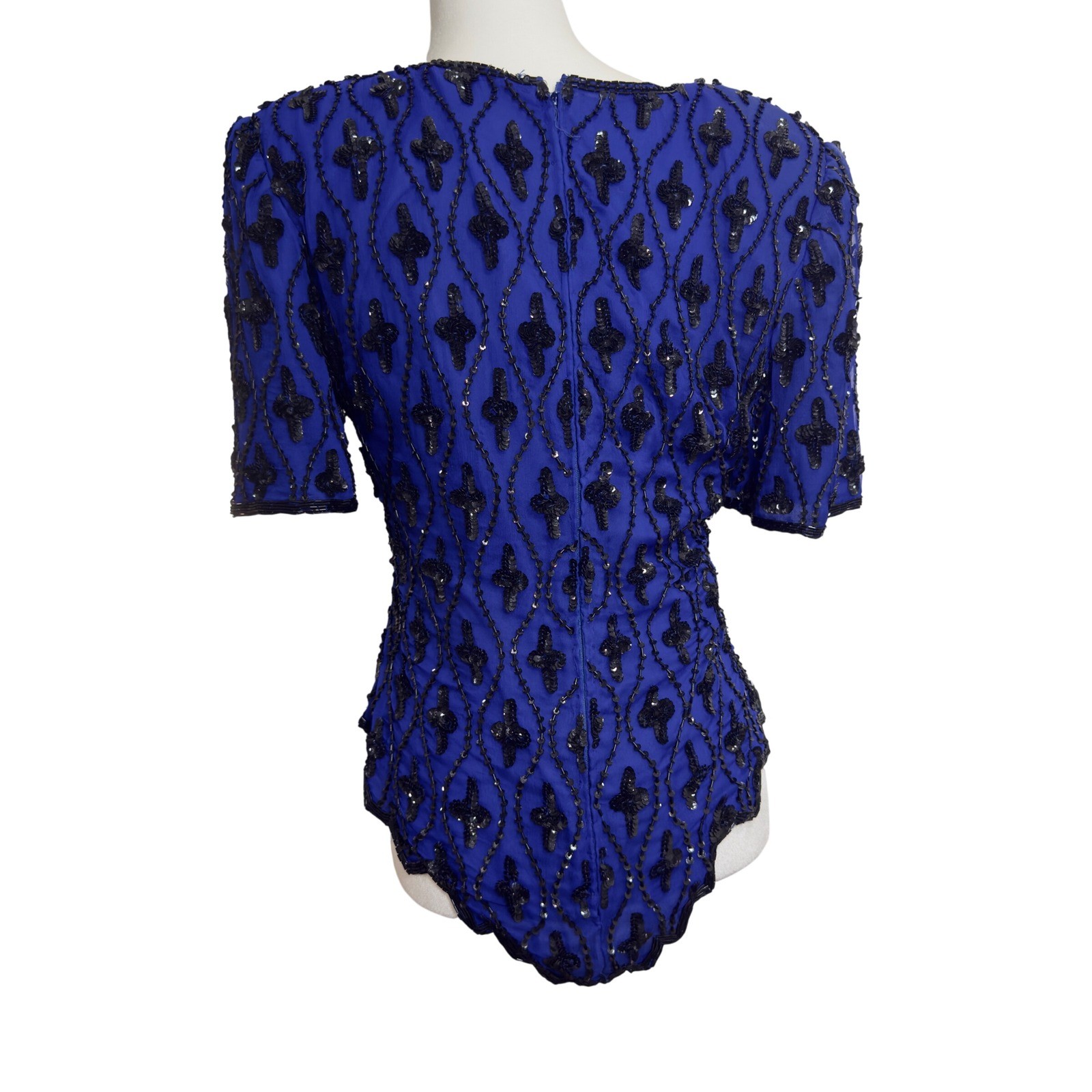 Vintage Laurence Kazar Silk Beaded Sequin Evening Top Blue Cocktail Blouse