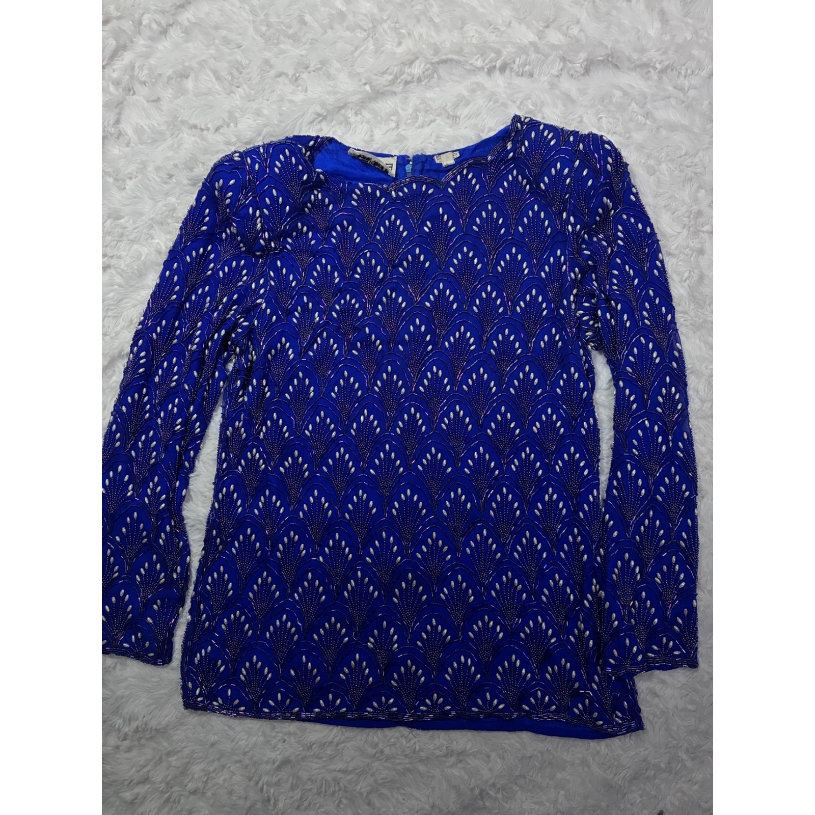 Vintage Royal Blue Silk Beaded Blouse Pearl Scallop Evening Top Small Elegant